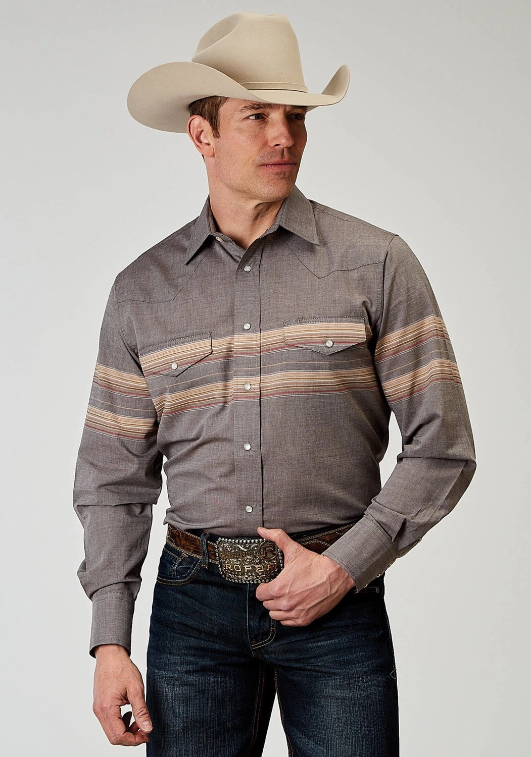 Roper Mens Border Stripe Grey Cotton Blend 55/45 L/S Shirt Seamless Side Panels Ribbed Trim