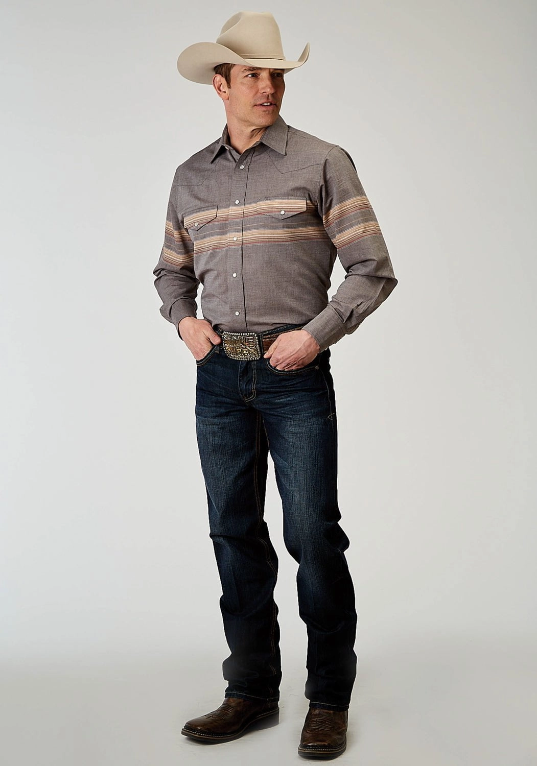 Roper Mens Border Stripe Grey Cotton Blend 55/45 L/S Shirt Camping Essential