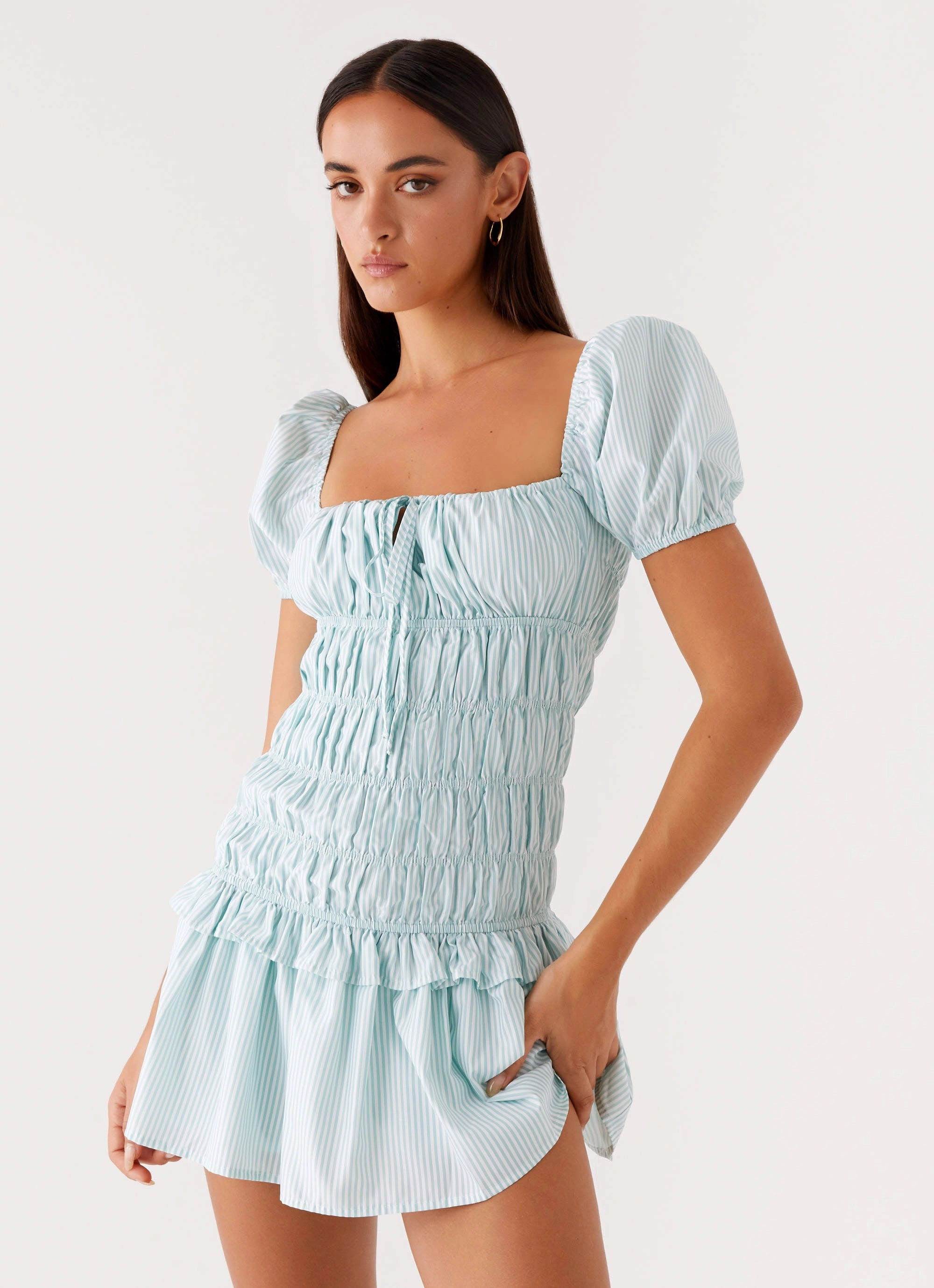 Light Coral Soft Harmony Yolene Mini Dress - Green Gingham