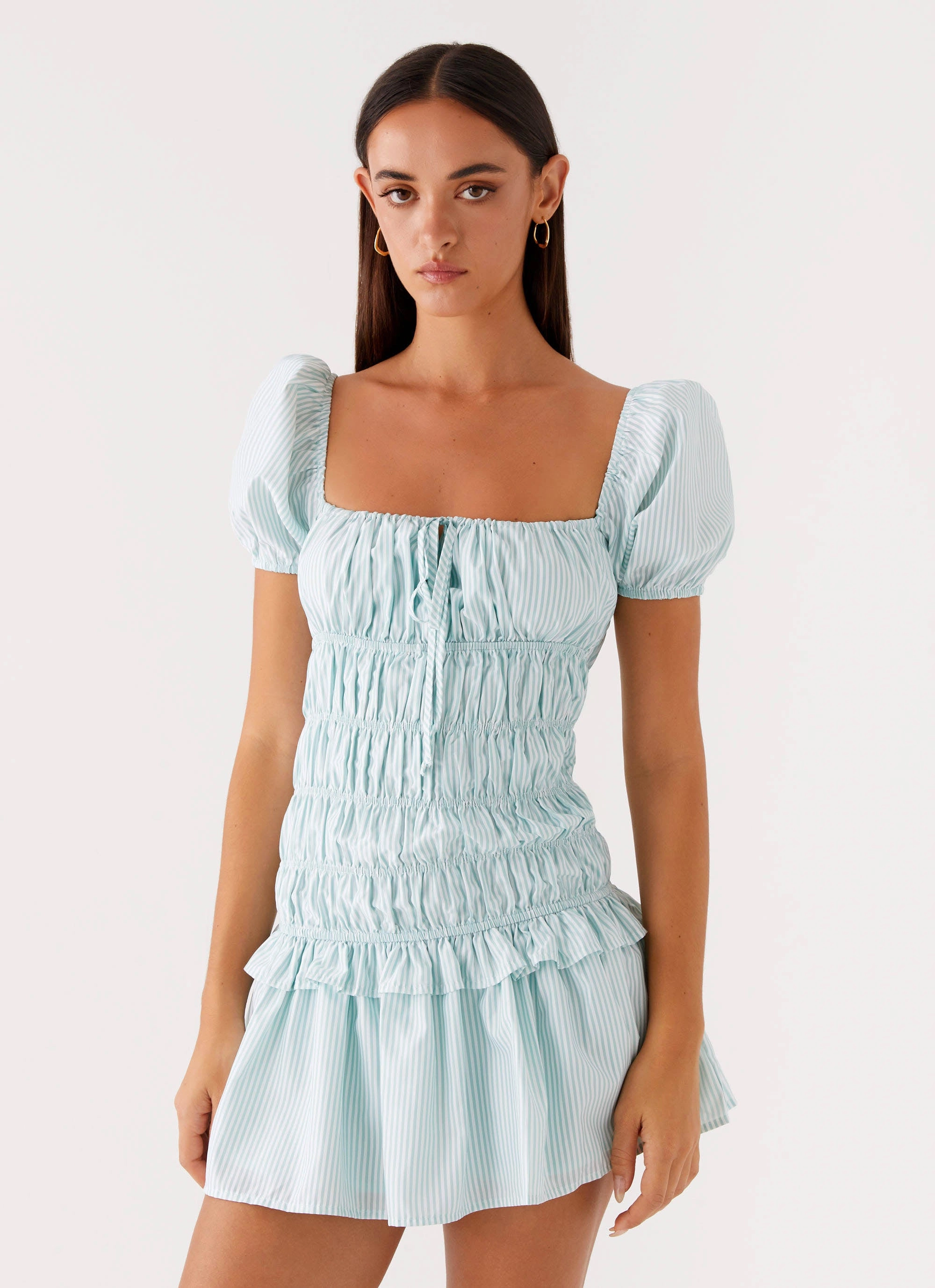 Yolene Mini Dress - Green Gingham Work Style Clean Drape