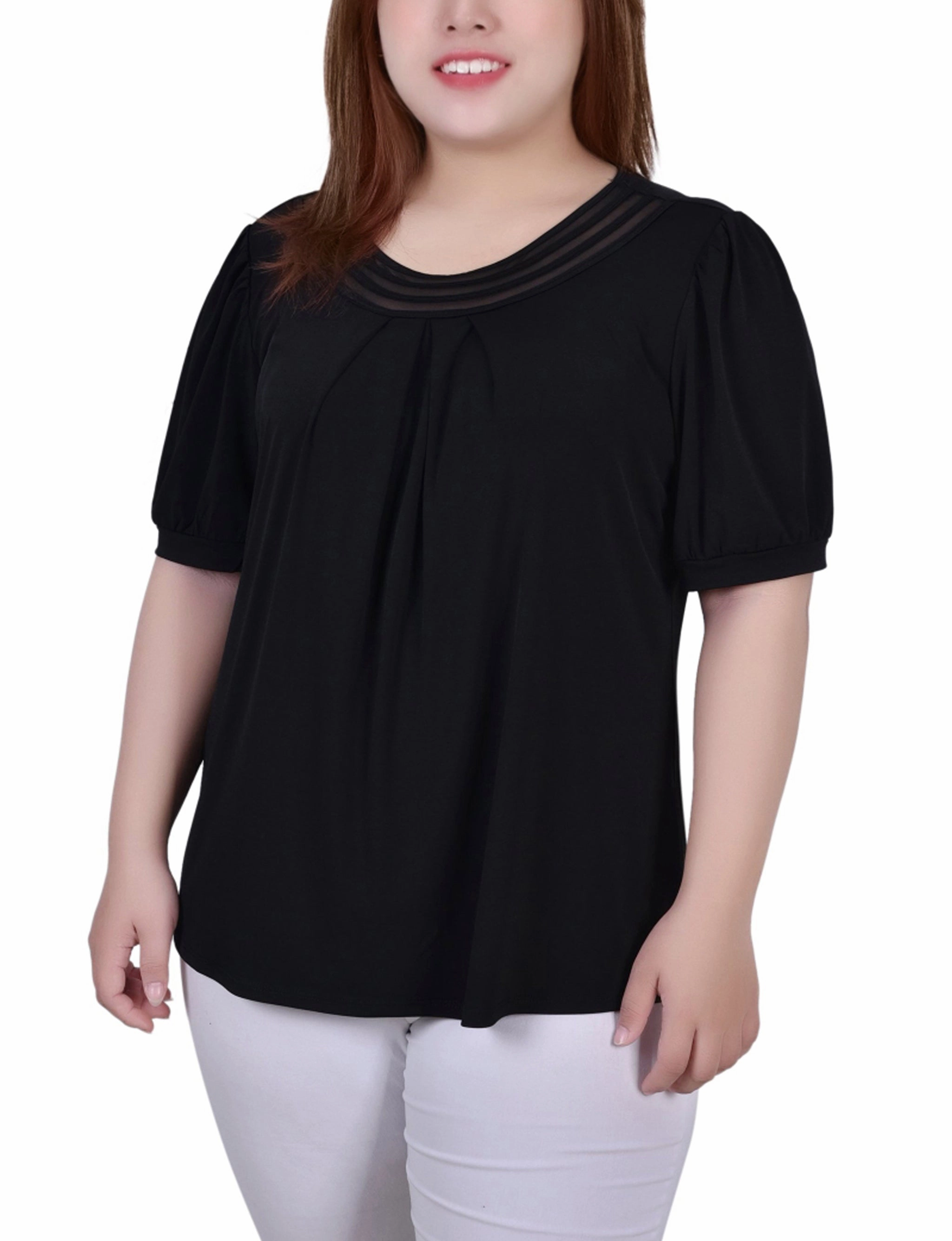 Anytime Wear Winter Proof Plus Size Short Puff Sleeve Sheer Inset Top