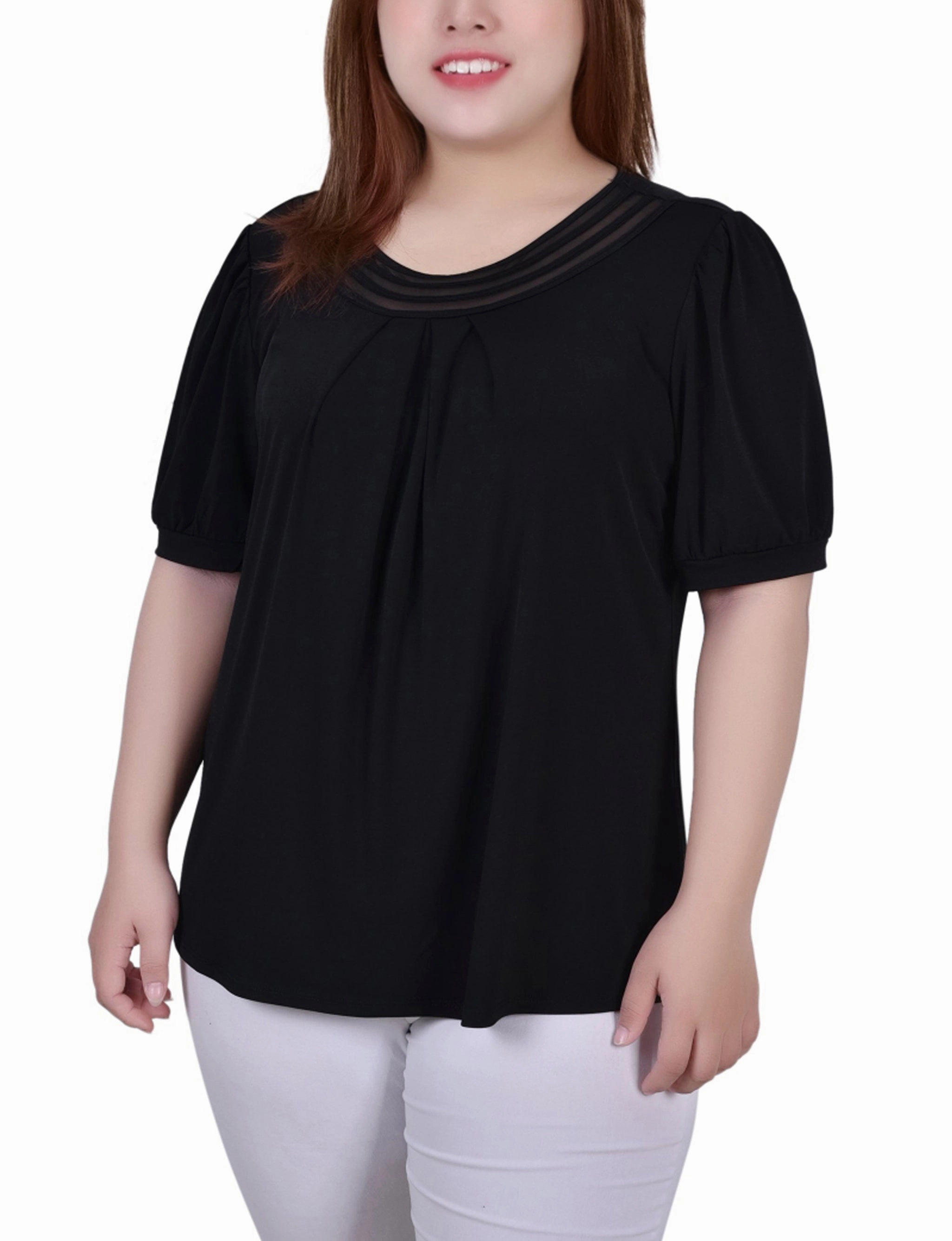 Classic and Modern Plus Size Short Puff Sleeve Sheer Inset Top
