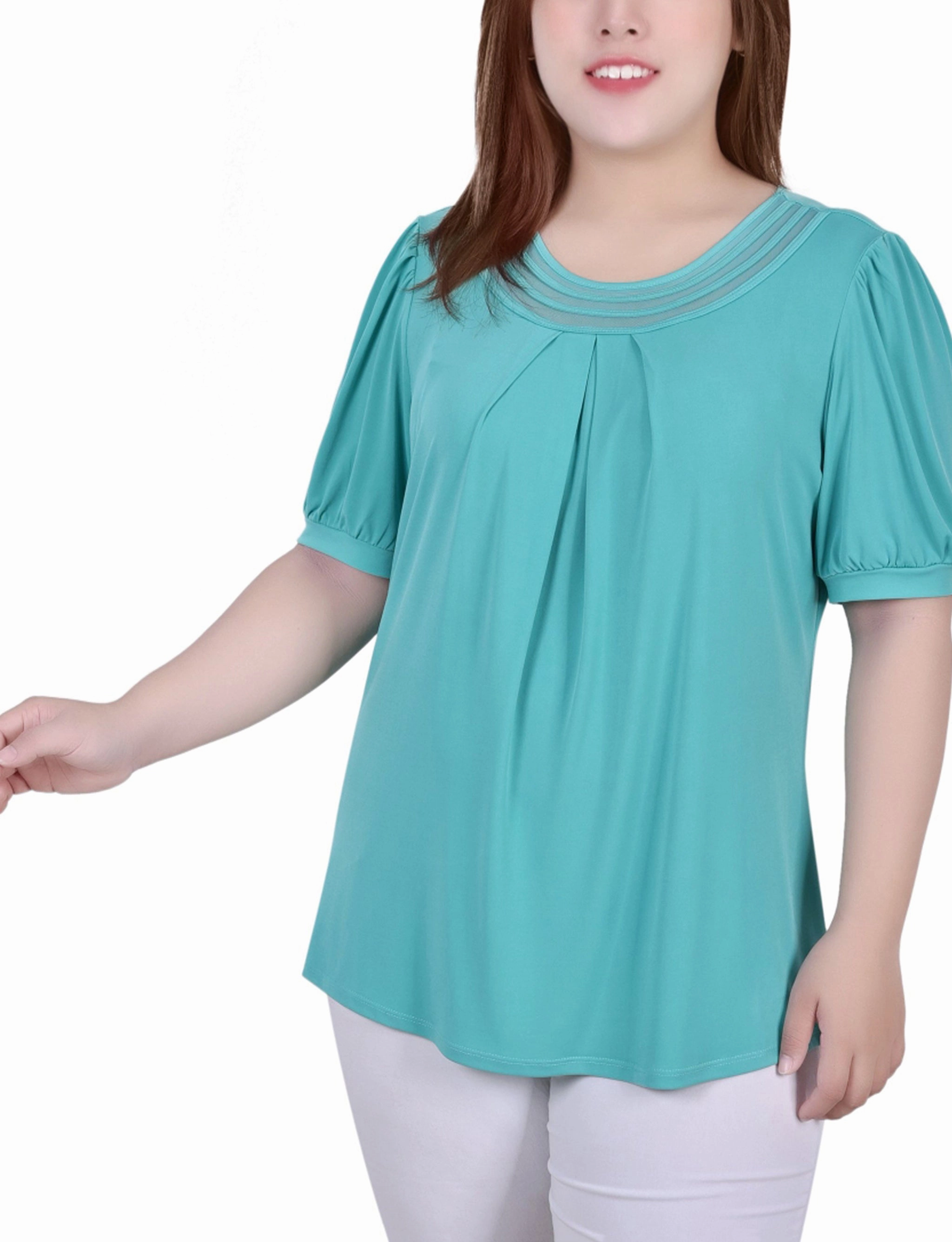 Plus Size Short Puff Sleeve Sheer Inset Top Minimal Cut Fitted waist