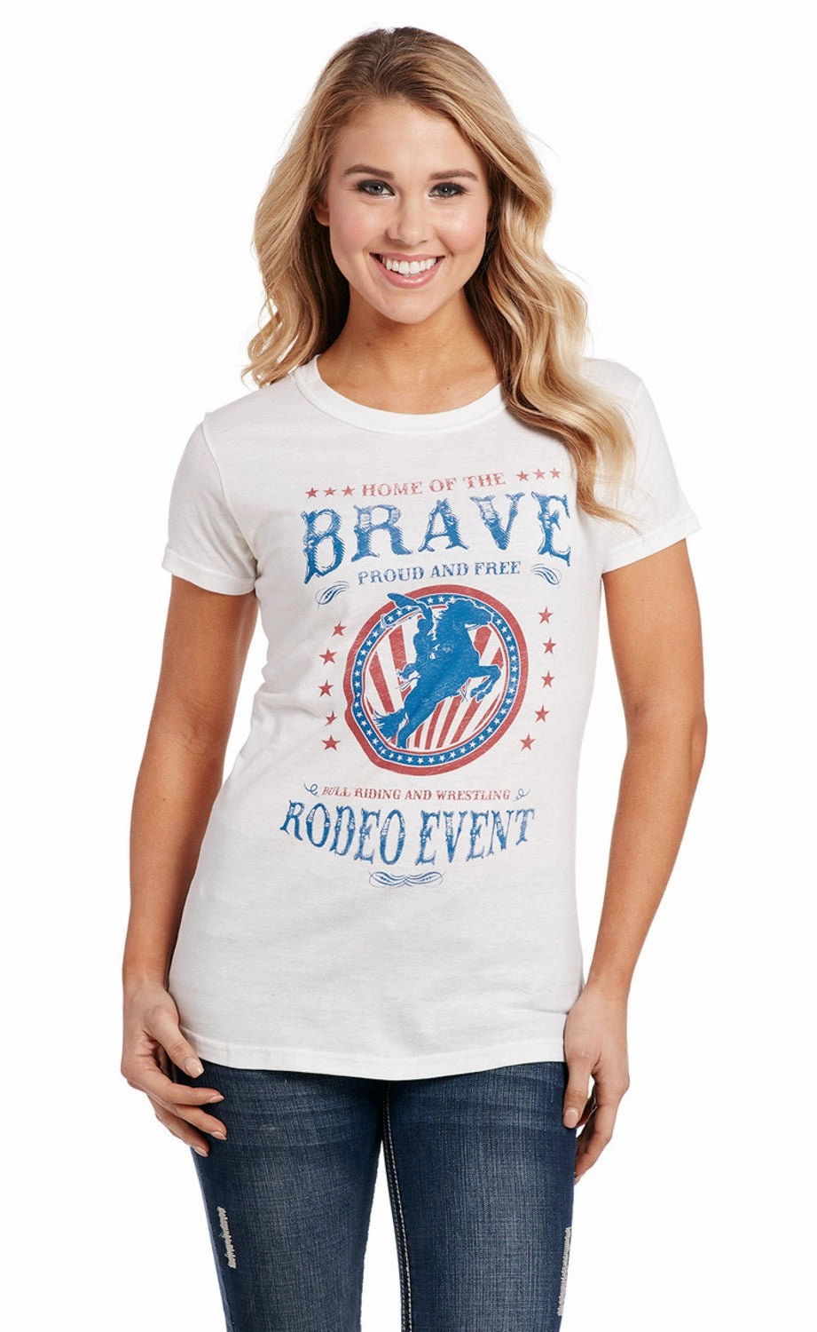 Adjustable Cuff Closure No Bulk Layering System Cowgirl Up Womens Brave Crew Neck White 100% Cotton S/S T-Shirt
