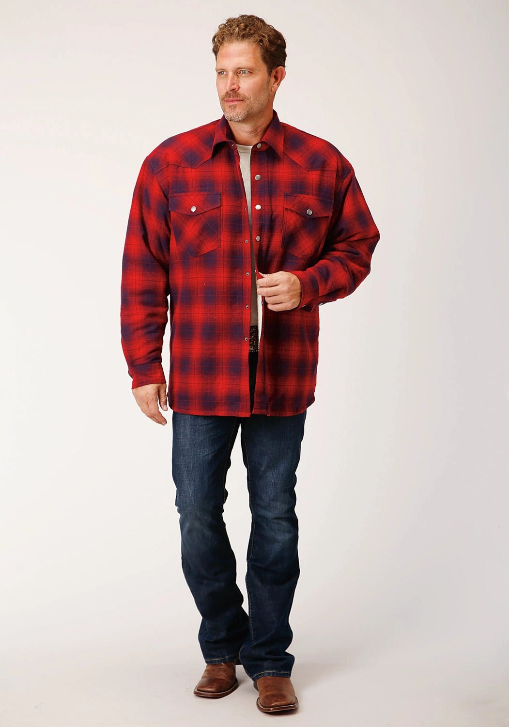 Roper Mens Sherpa Lined Flannel Red 100% Cotton L/S Shirt Cultural Inspired Road Trip Ready