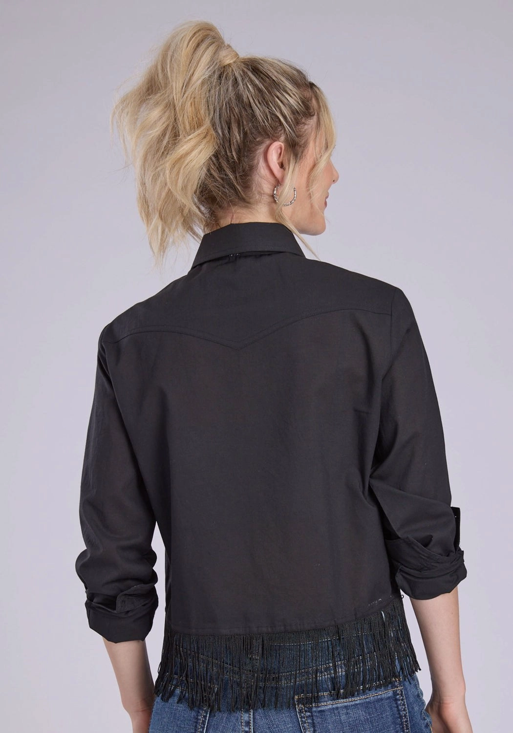 Roper Womens Fringe Cambric Western Black 100% Cotton L/S Blouse Beach Attire