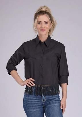 Roper Womens Fringe Cambric Western Black 100% Cotton L/S Blouse Professional Look