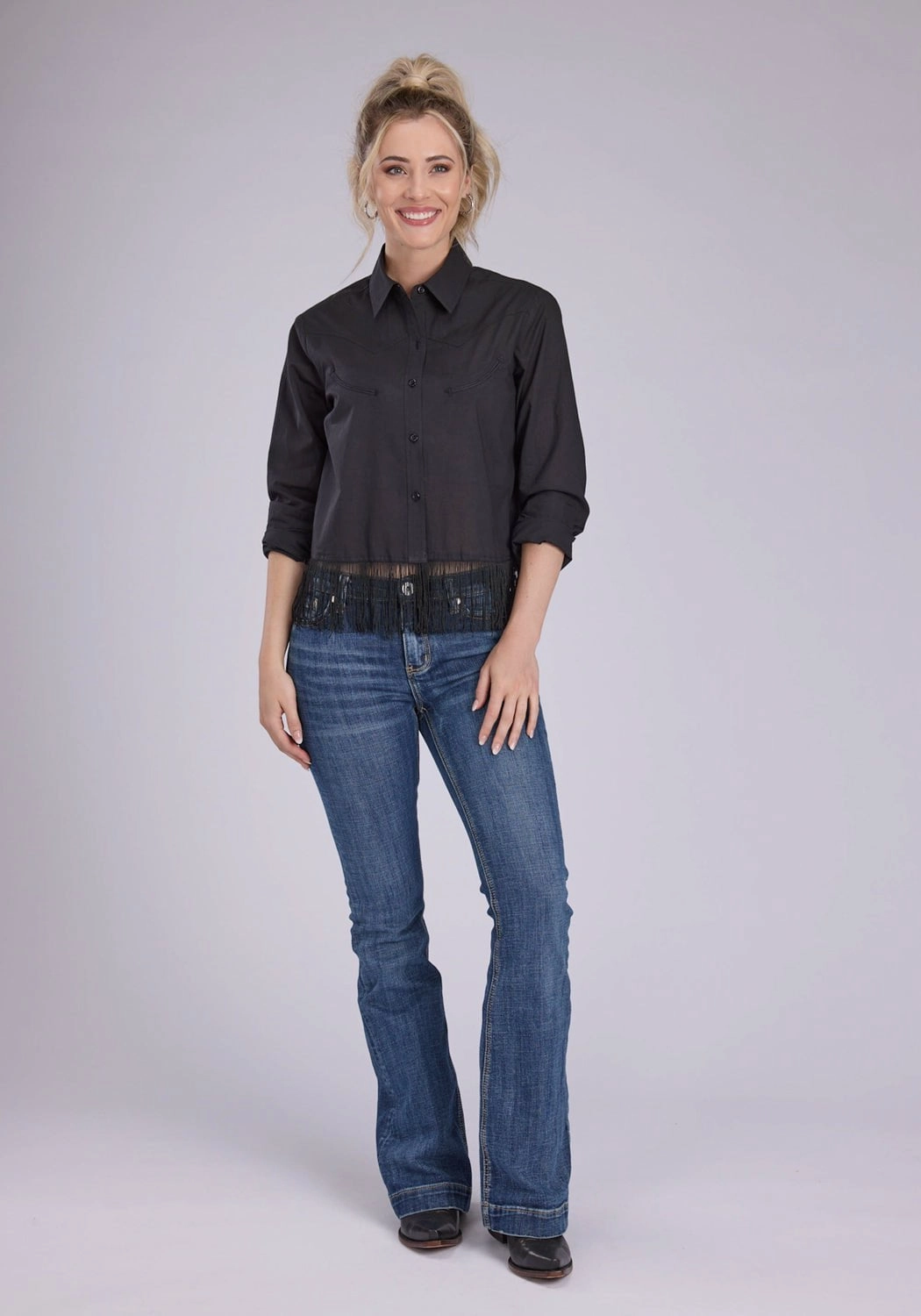 No Slip Shoulder Grip Roper Womens Fringe Cambric Western Black 100% Cotton L/S Blouse