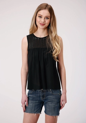 Roper Womens Black Rayon/Nylon Eyelet Bodice S/L Tank Top Iconic look