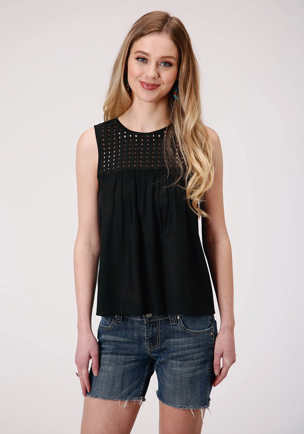 Roper Womens Black Rayon/Nylon Eyelet Bodice S/L Tank Top Iconic look