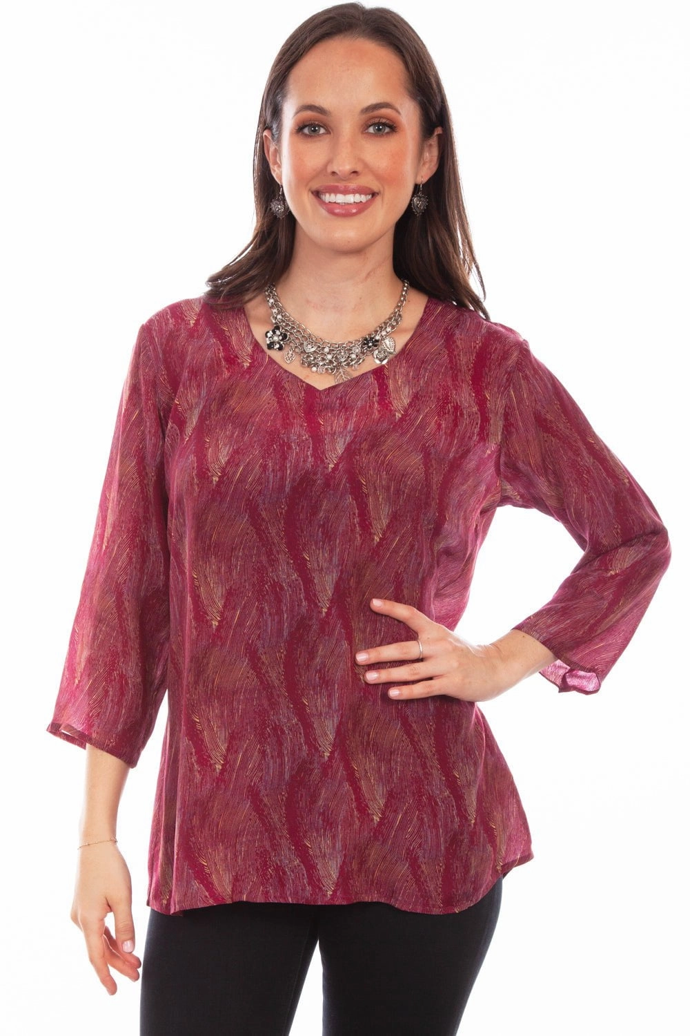 Scully Womens Fuschia Rayon Pullover Drape S/S Blouse Stretchable Material