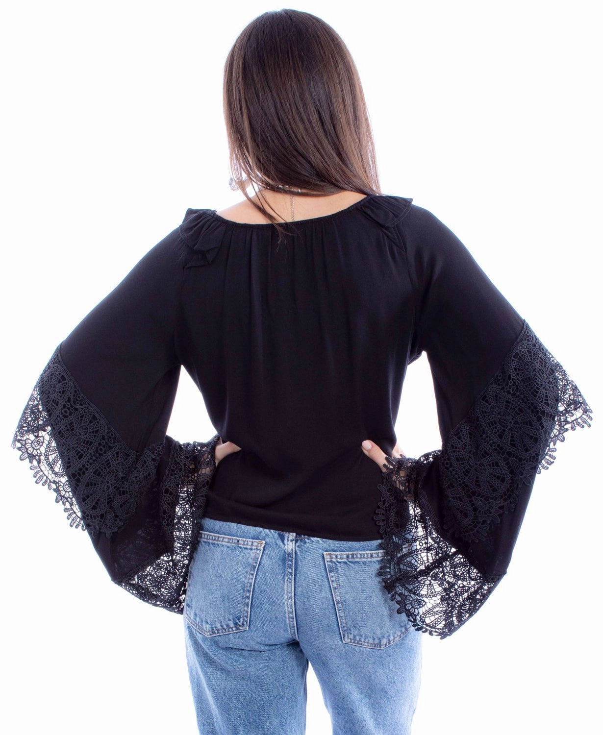 Scully Womens Ruffle Crochet Black 100% Rayon L/S Blouse Regular Fit