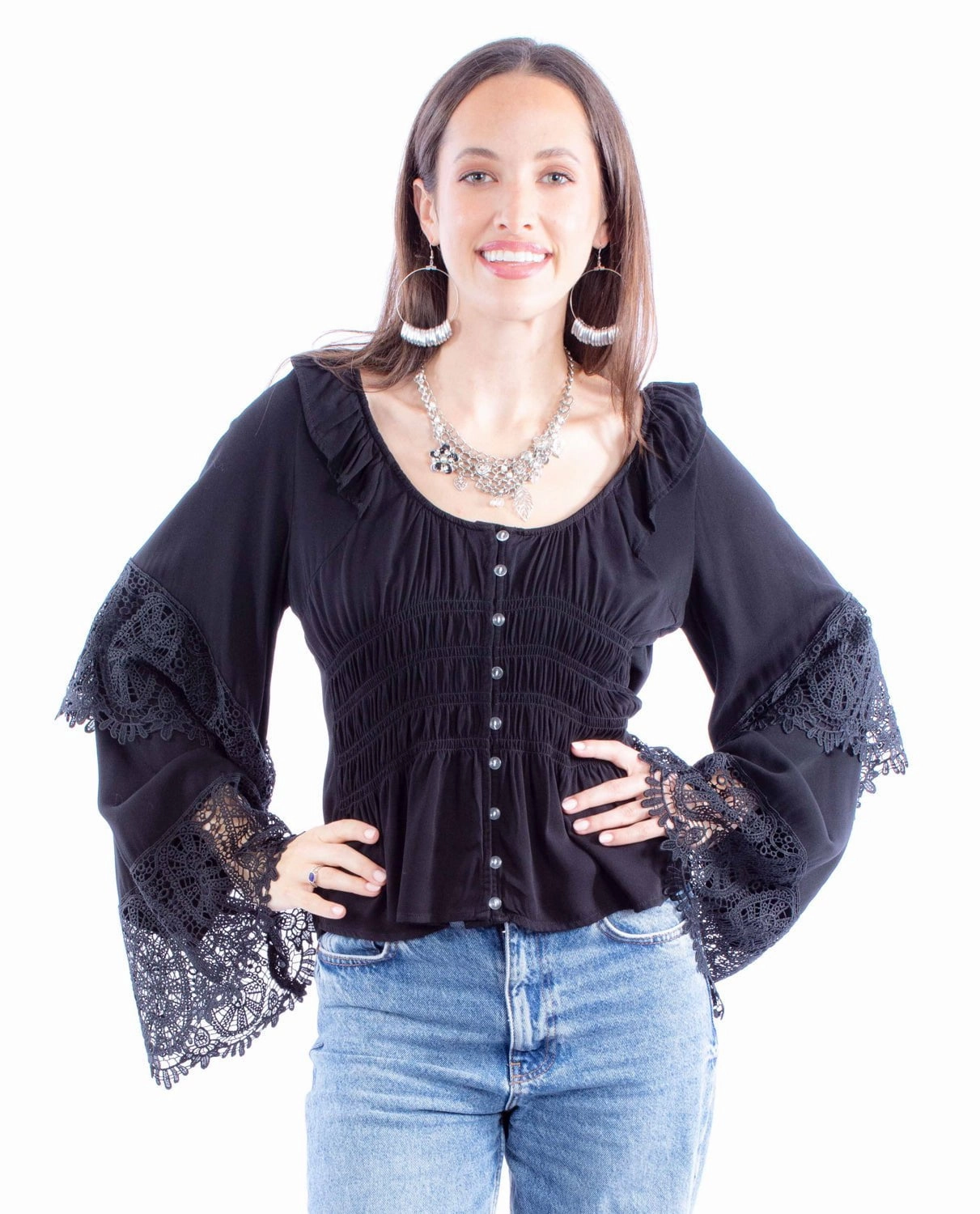 Scully Womens Ruffle Crochet Black 100% Rayon L/S Blouse mix and match