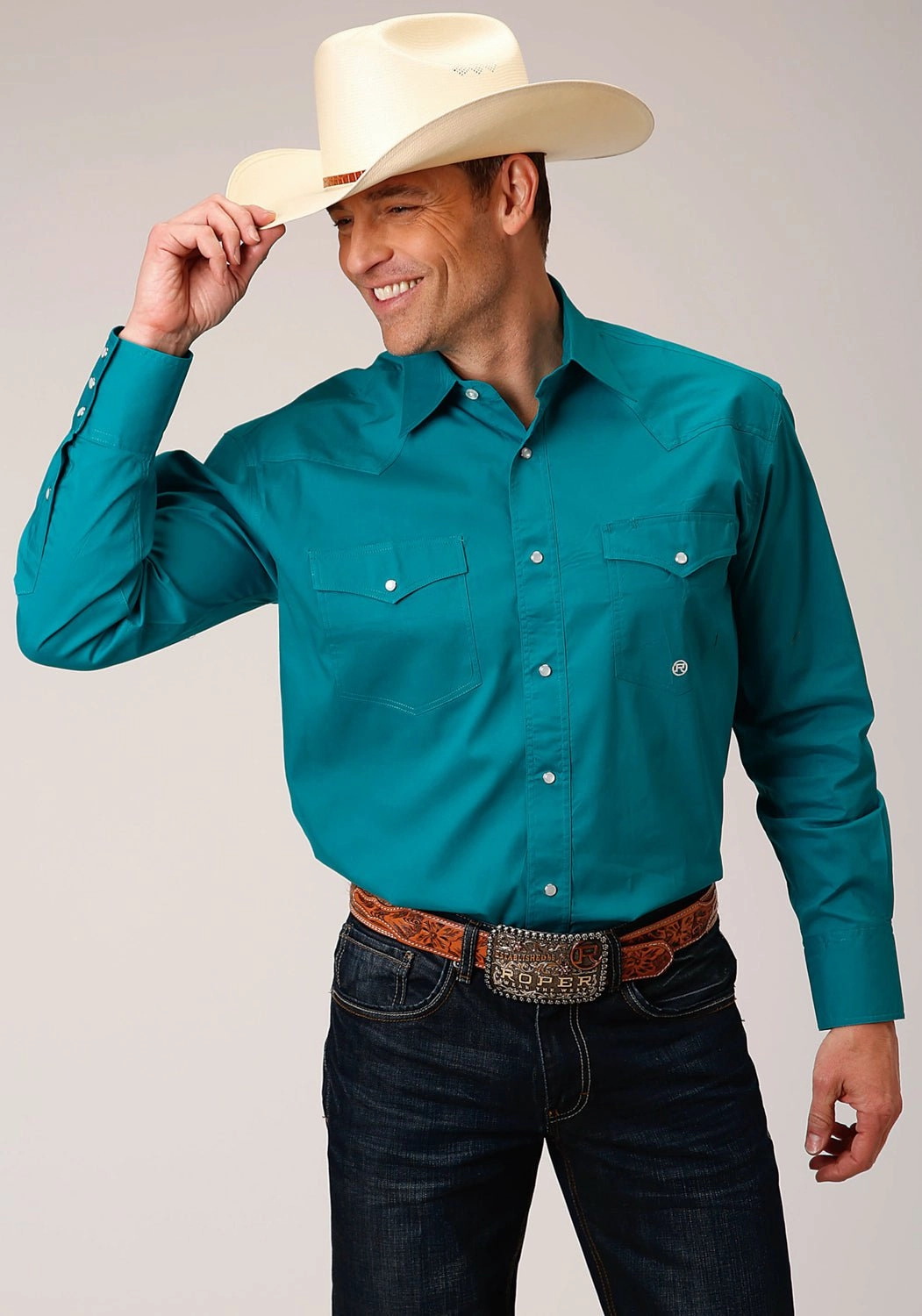 Roper Mens Turquoise 100% Cotton Poplin Stretch L/S Tall Shirt bohemian flair