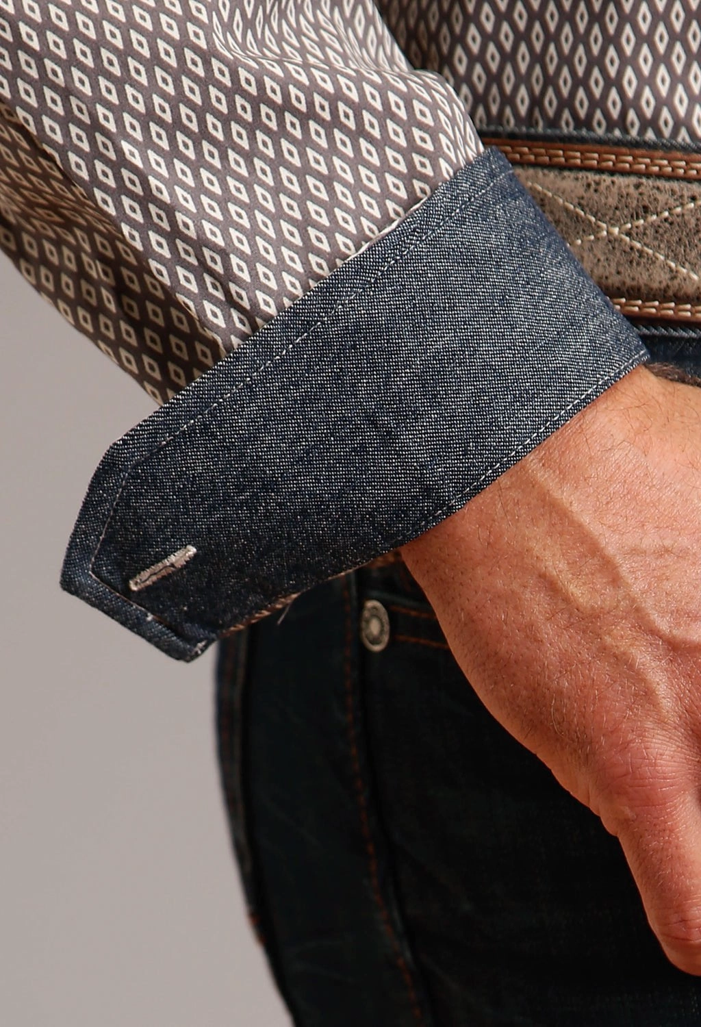 Stetson Mens Diamond Geo Grey 100% Cotton L/S Shirt Everyday Outfit slim fit