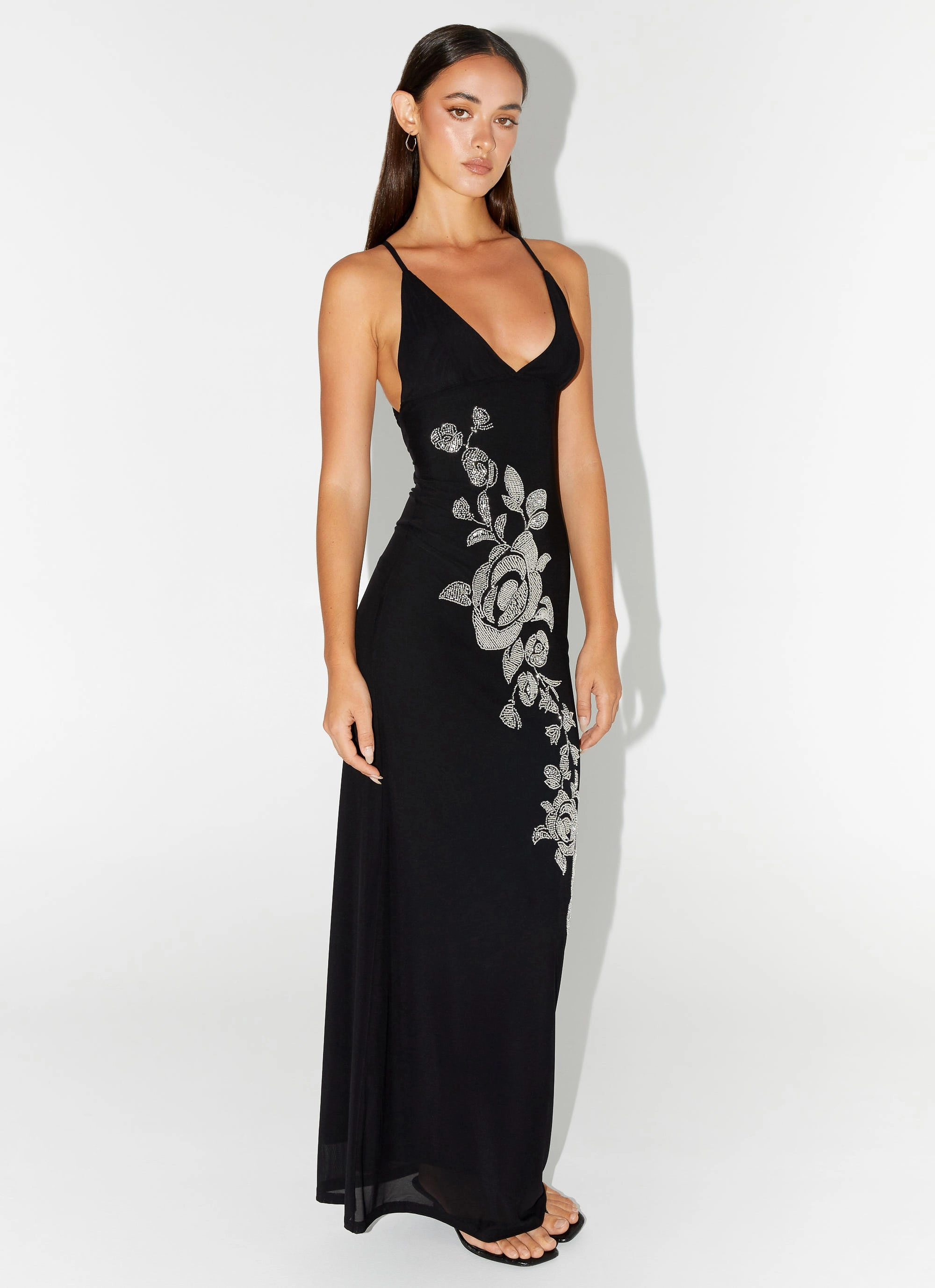 Beki Beaded Mesh Maxi Dress - Black Festive Wear