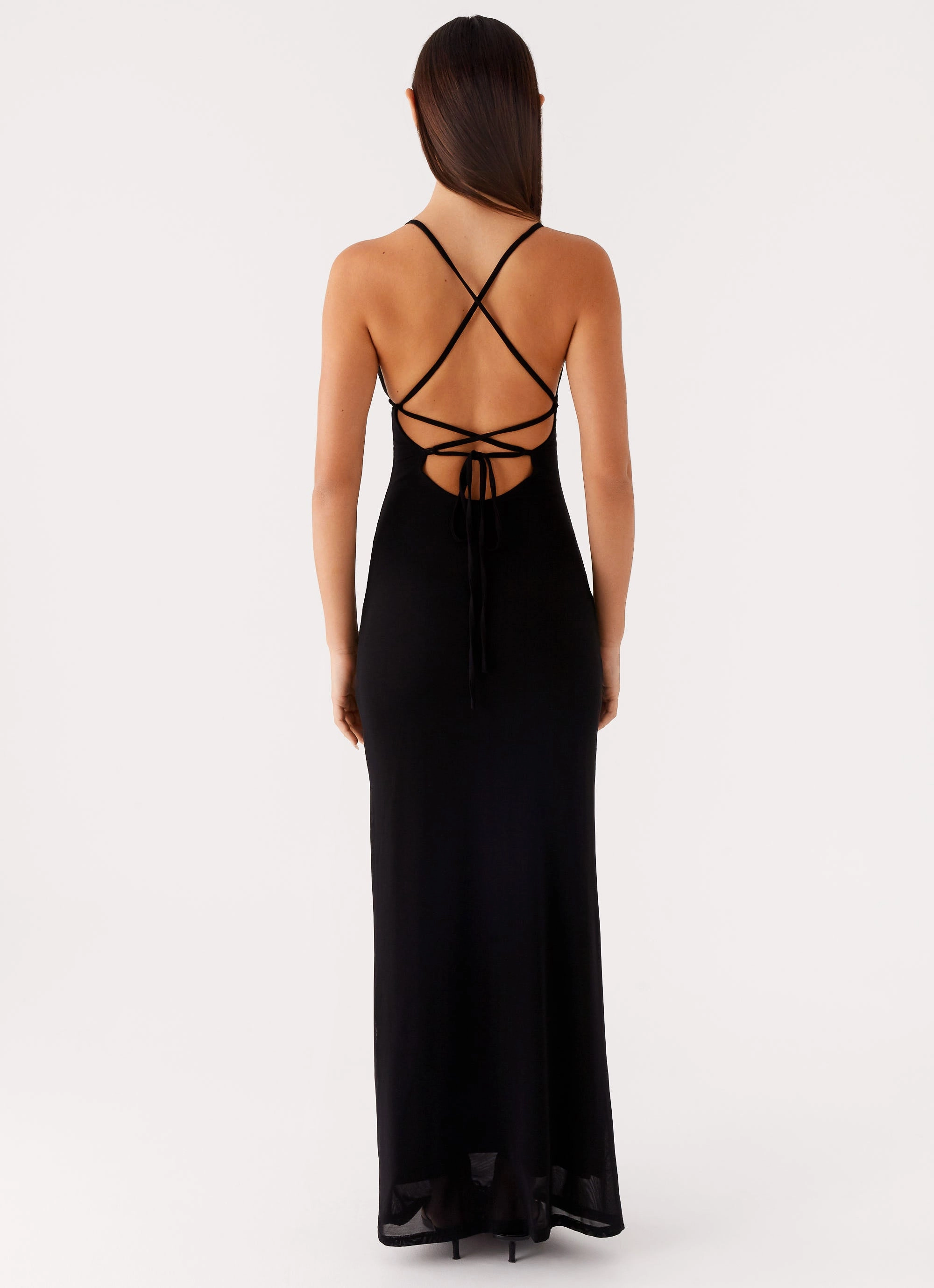 Beki Beaded Mesh Maxi Dress - Black Statement Neck