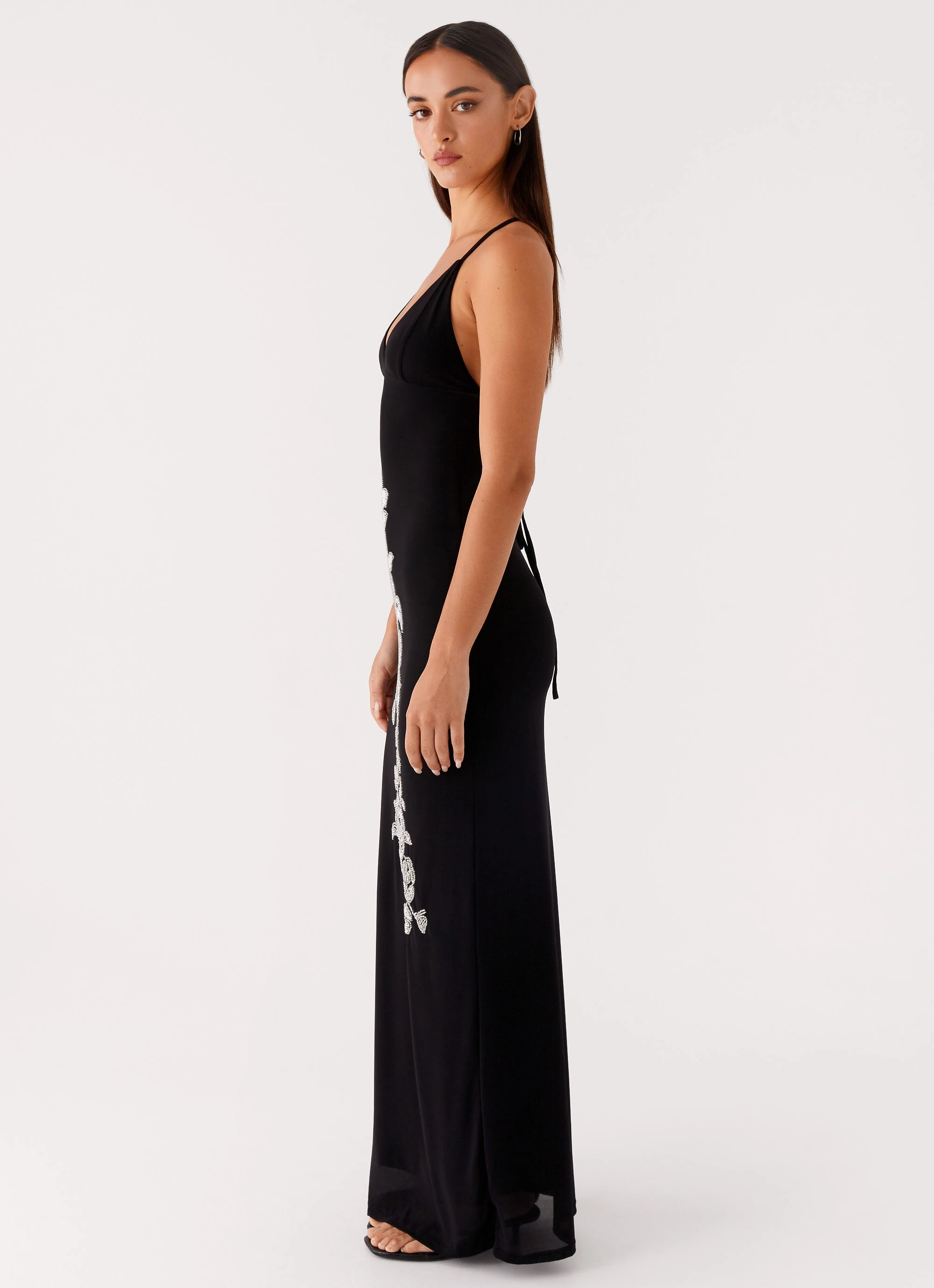 Beki Beaded Mesh Maxi Dress - Black Drape Wave Lightweight Layer