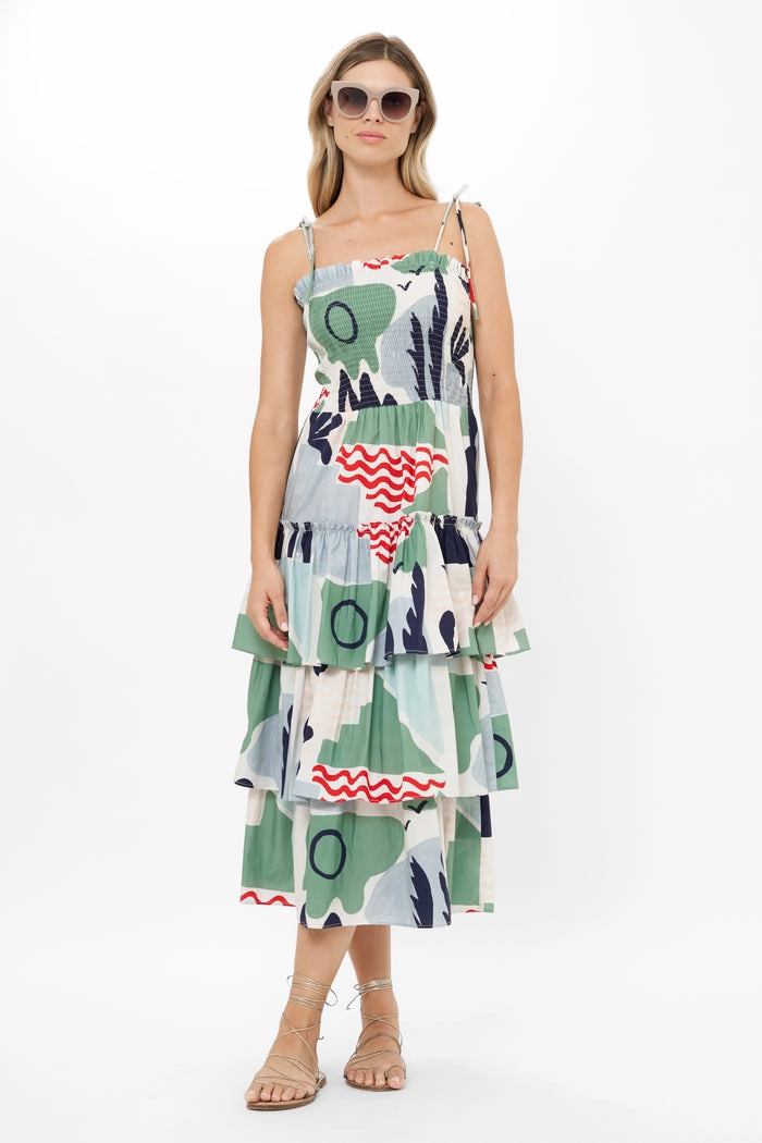 Smocked Tie Strap Midi Dress in Riviera Sage Pink Glow