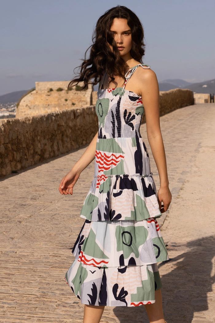 Anytime Wear Chic Statement Smocked Tie Strap Midi Dress in Riviera Sage