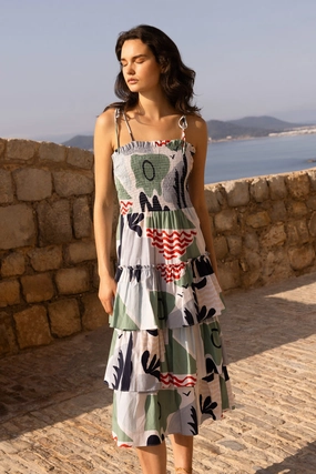 Gender Free Resort Vibes Smocked Tie Strap Midi Dress in Riviera Sage