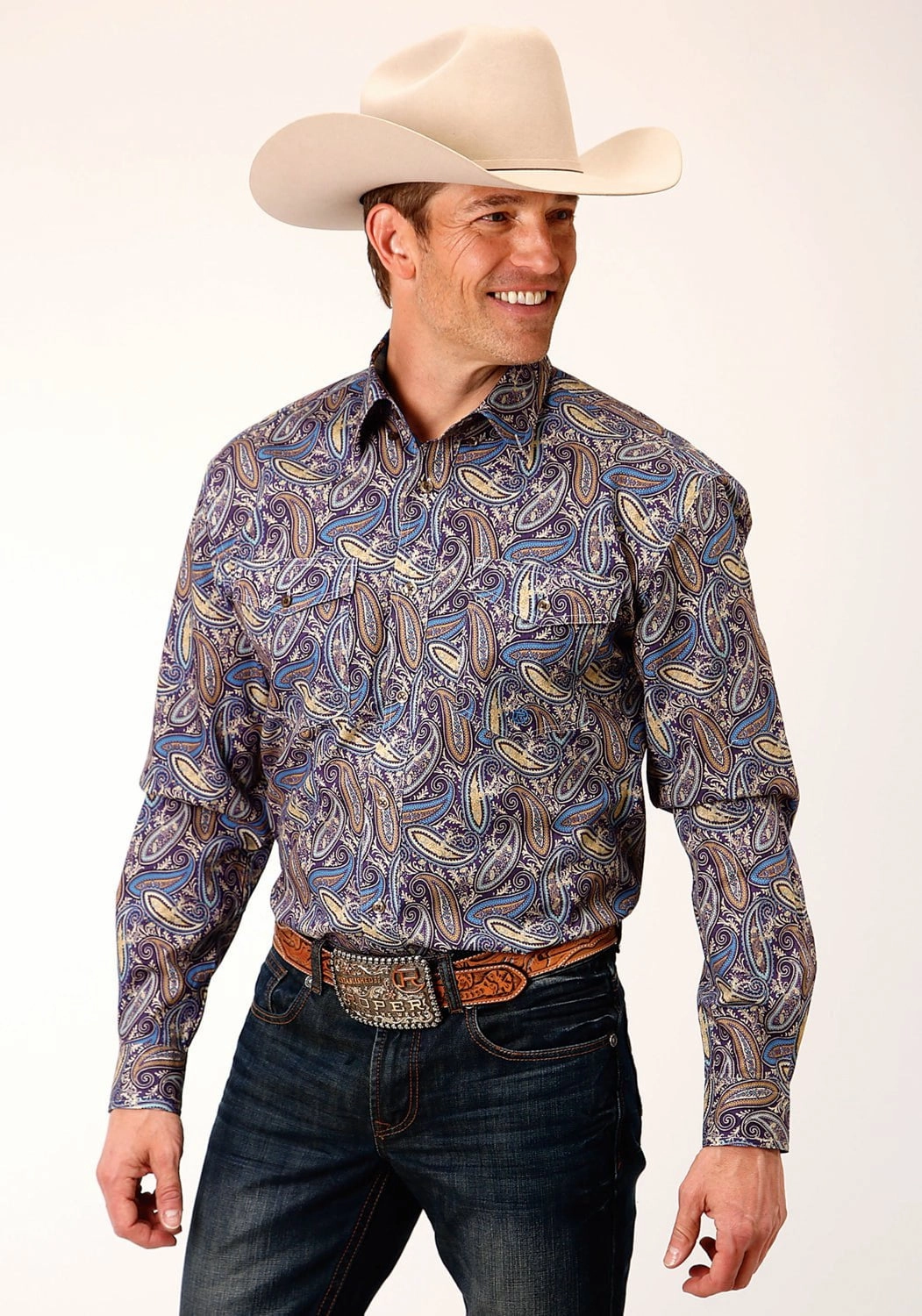 Odor Resistant Trendsetting Design Roper Mens Royal Paisley Multi-Color 100% Cotton L/S Shirt