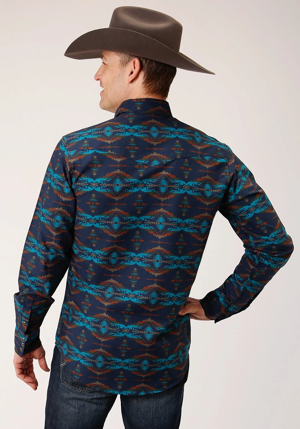 Roper Mens Turquoise 100% Cotton Blanket Horizontal L/S Snap Shirt Contemporary Look