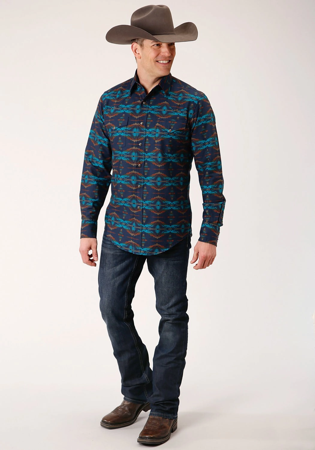 Snag Free Surface high-low hem Roper Mens Turquoise 100% Cotton Blanket Horizontal L/S Snap Shirt