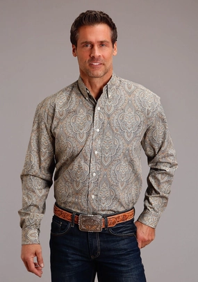 Casual Sophistication Designer Look Stetson Mens Desert Medallion Paisley Brown 100% Cotton L/S Shirt