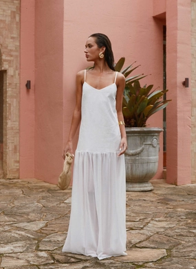 Heavenly Linen Maxi Dress - White Silky texture Hidden-Pocket