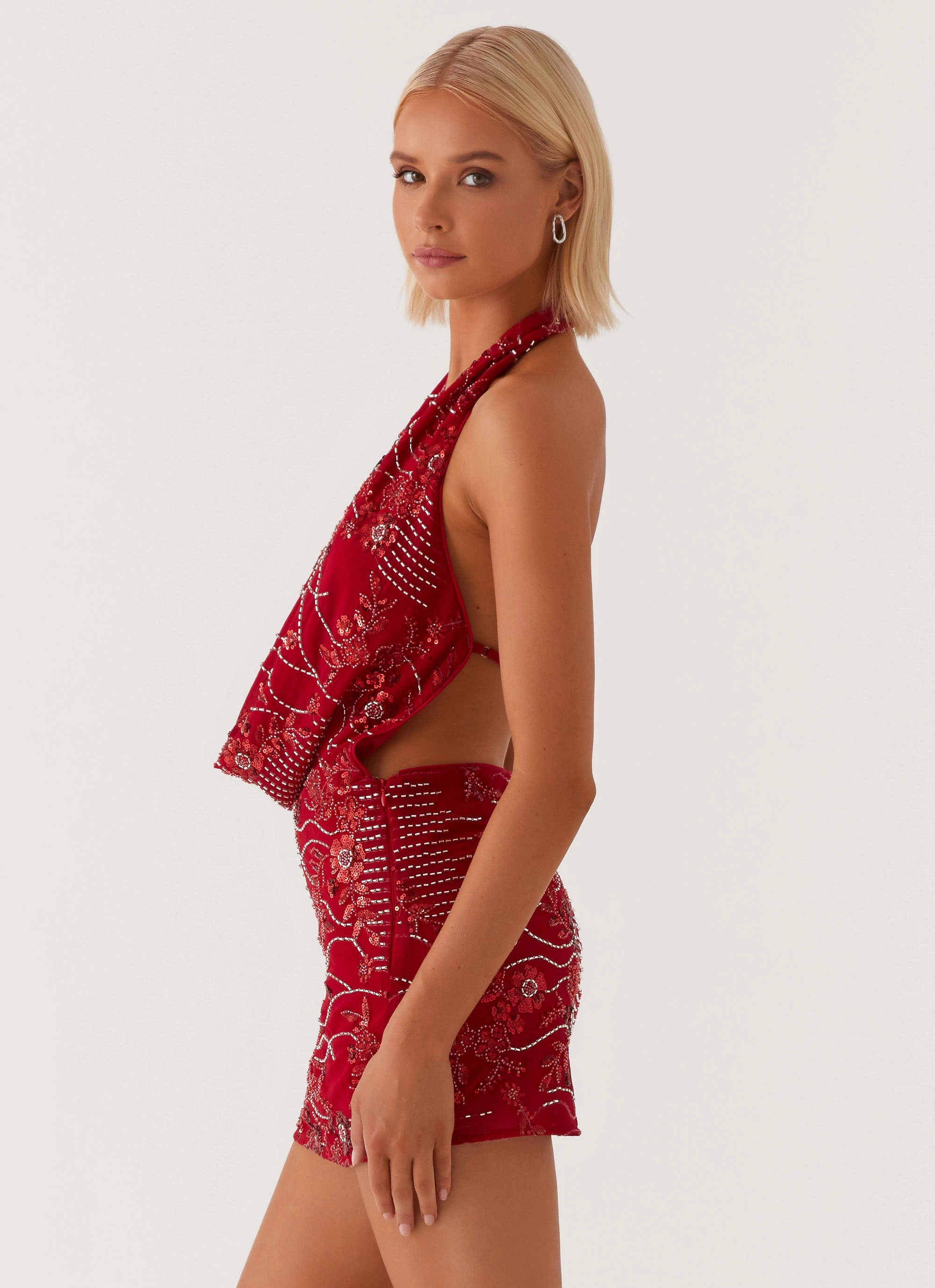 Olisa Cowl Neck Beaded Mini Dress - Red Comfortable travel dress Soft Vibes