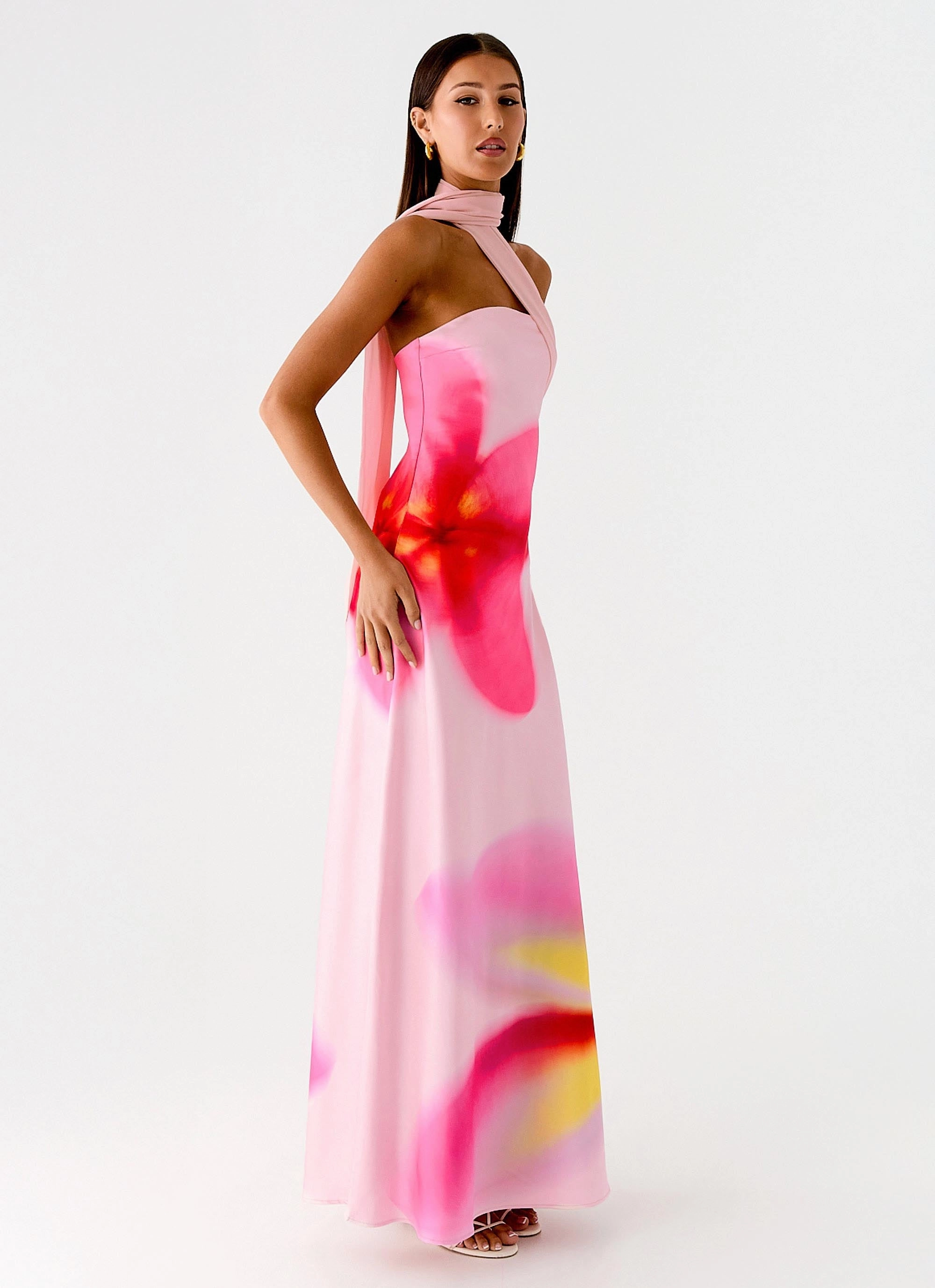 Isa Scarf Satin Maxi Dress - Frangipani Pink Office Casual Comfort and Elegance