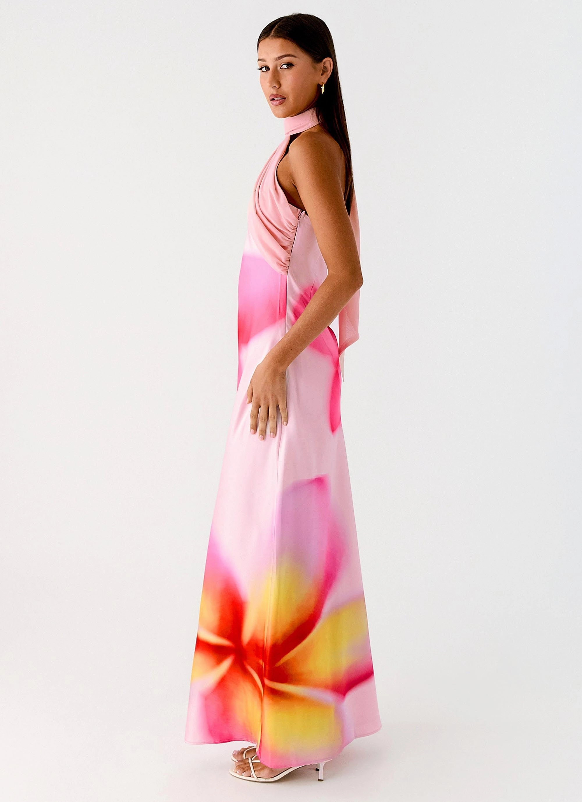 Isa Scarf Satin Maxi Dress - Frangipani Pink Smart Lines Asymmetrical hem