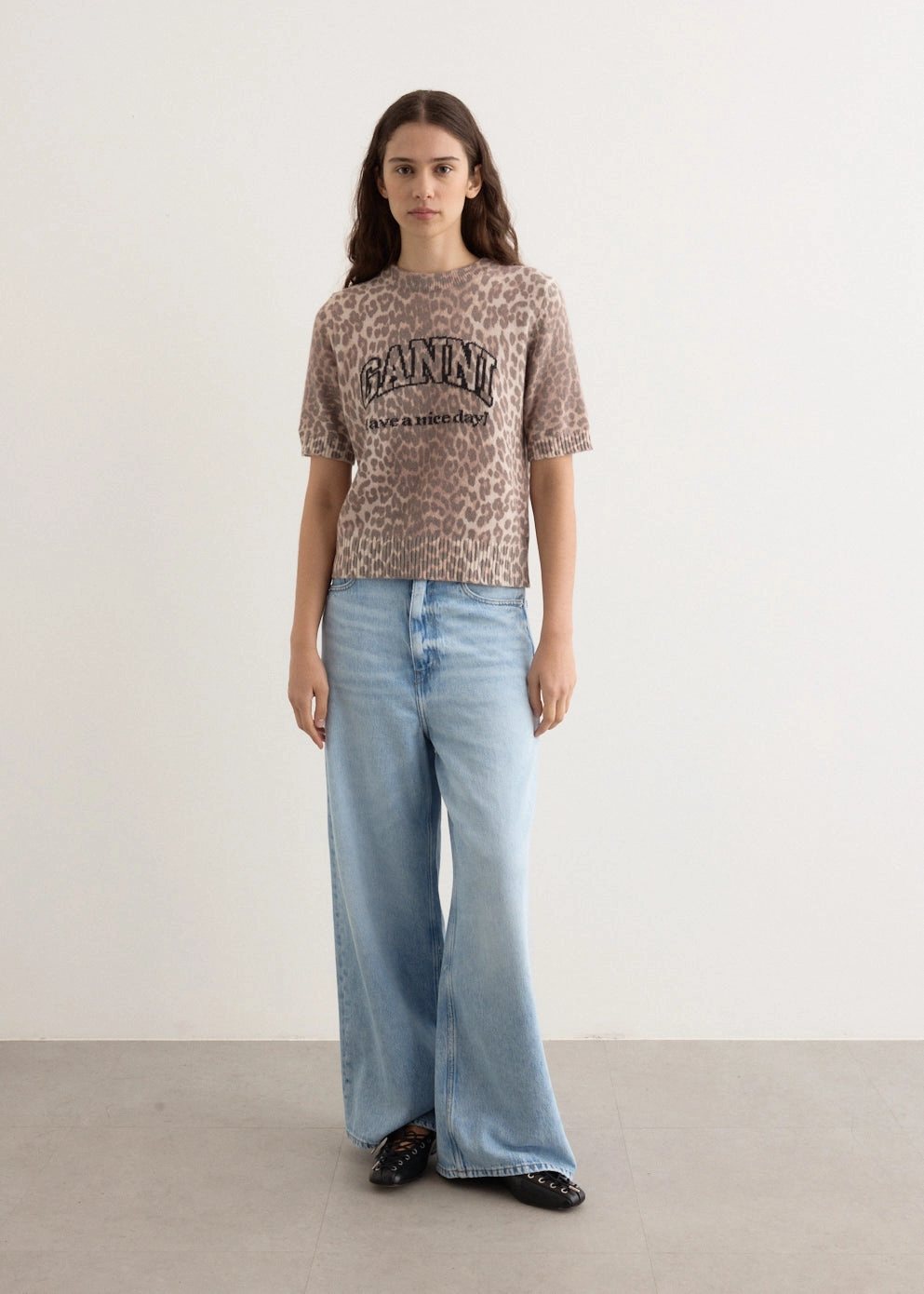 Graphic Wool Mix Printed Leopard T-Shirt Luminous Thread Accents Stretch Waistband Design