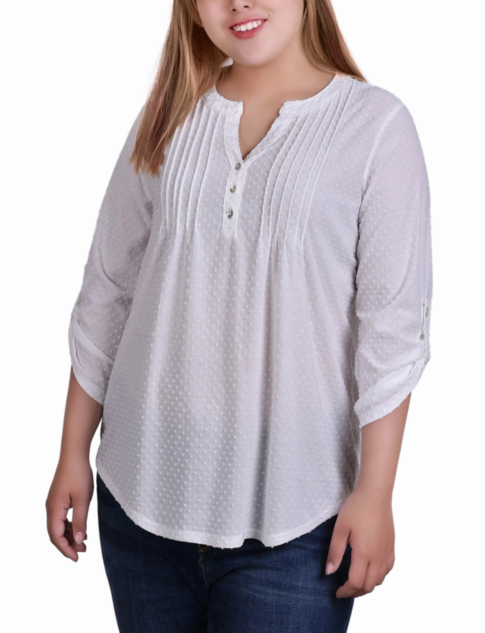 Minimal Fit Trendy Piece Plus Size 3/4 Tab Sleeve Y Neck Top