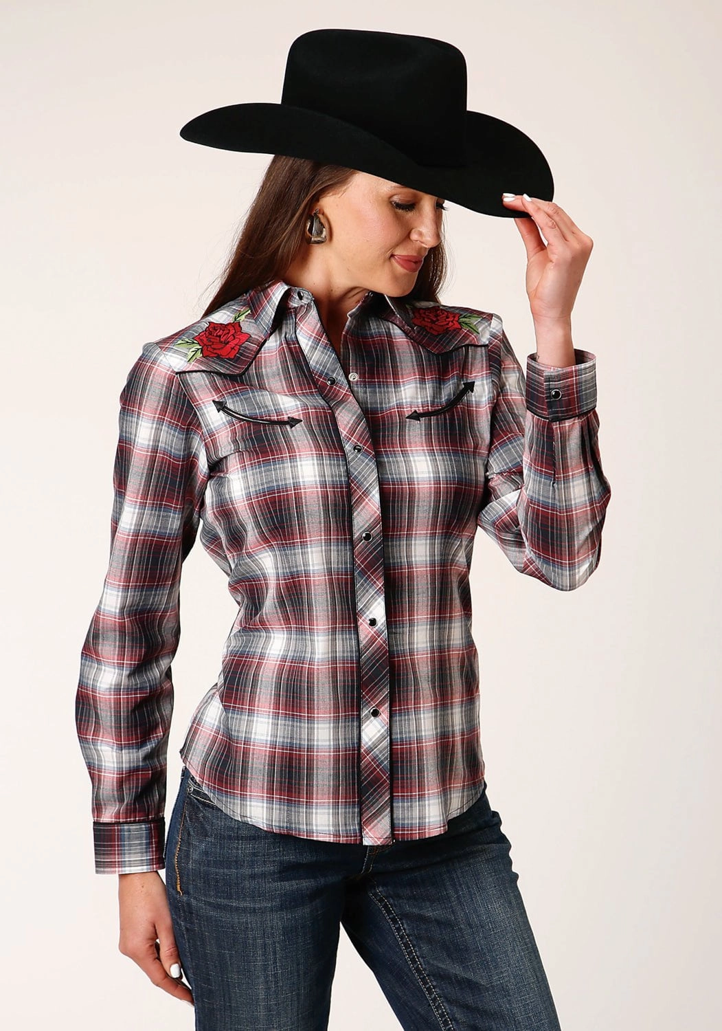 Wrinkle Free Care Roper Womens Rose Plaid Red Cotton Blend L/S Shirt