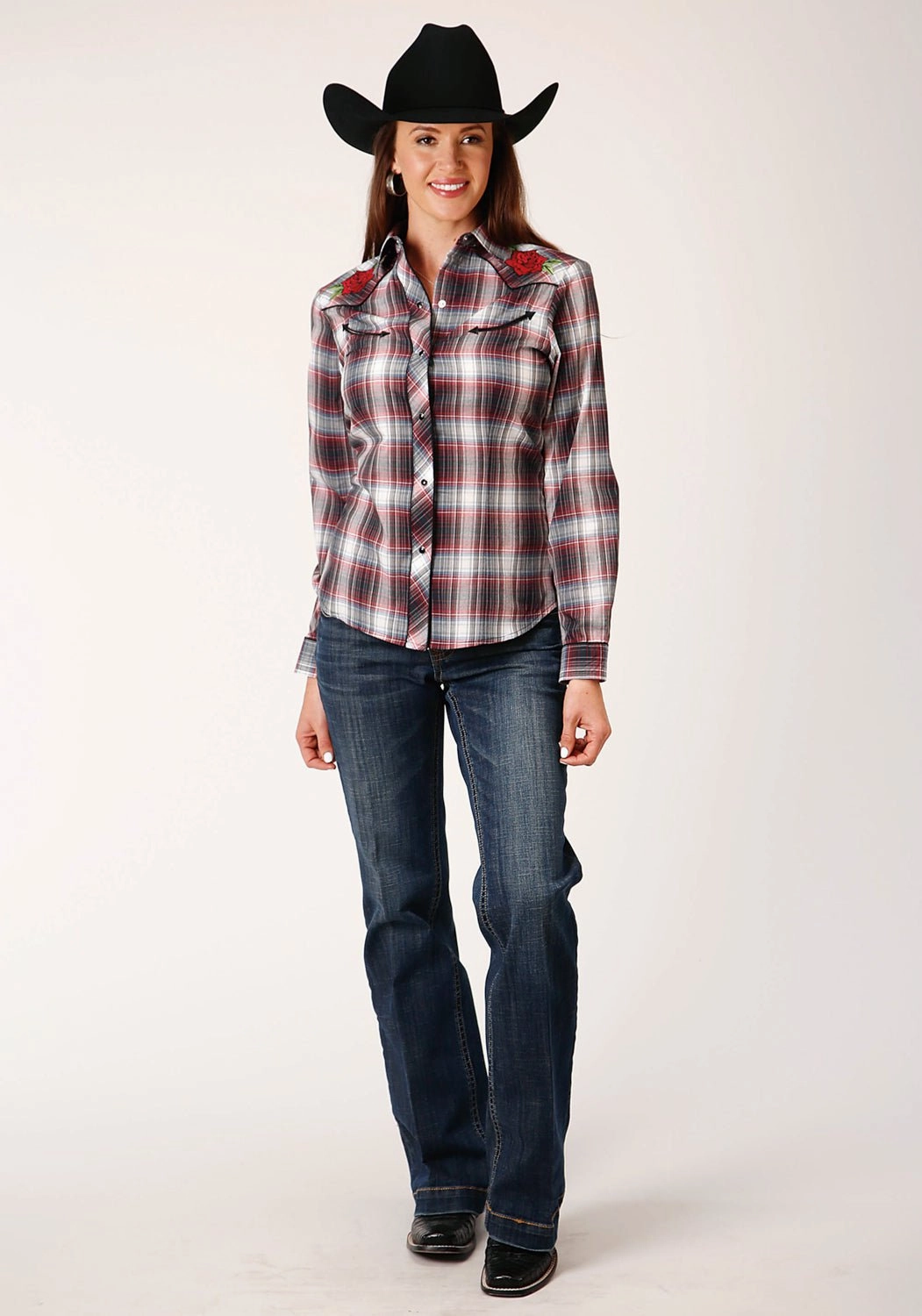 Embellished Neckline Lightweight Material Roper Womens Rose Plaid Red Cotton Blend L/S Shirt