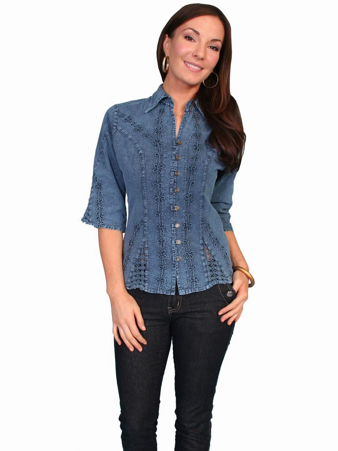 Scully Cantina Womens Dark Blue 100% Cotton 3/4S Floral Vine Blouse hypoallergenic material Business Meeting