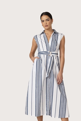 Color Soft Chic Layered Wear Chloe Belted Poplin Dress in Shadow Stripe