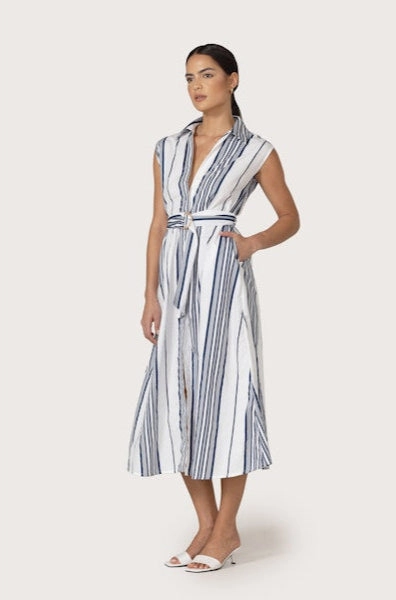 Chloe Belted Poplin Dress in Shadow Stripe Chic Fit Wear Sheer Overlay