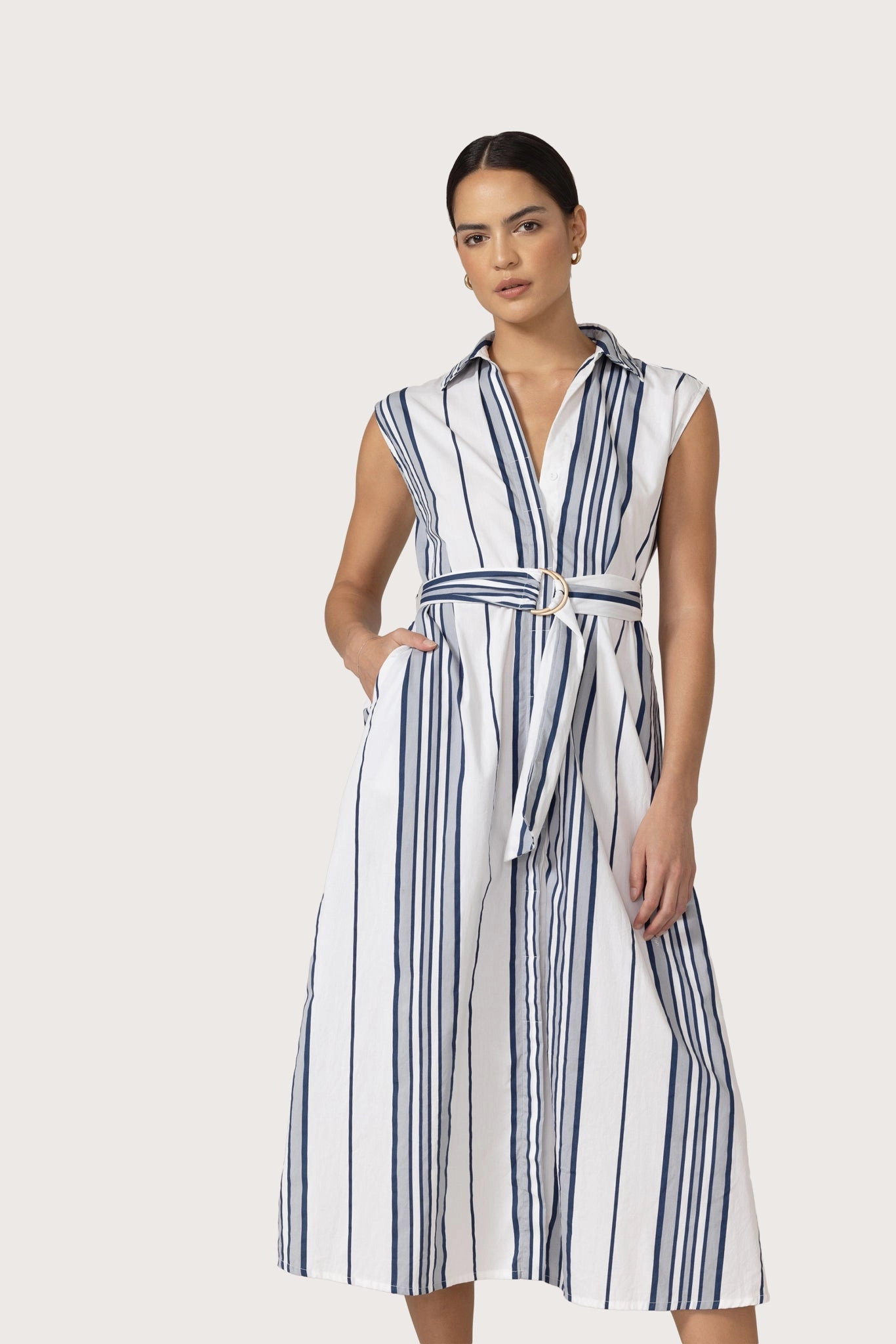 Color Soft Chic Layered Wear Chloe Belted Poplin Dress in Shadow Stripe