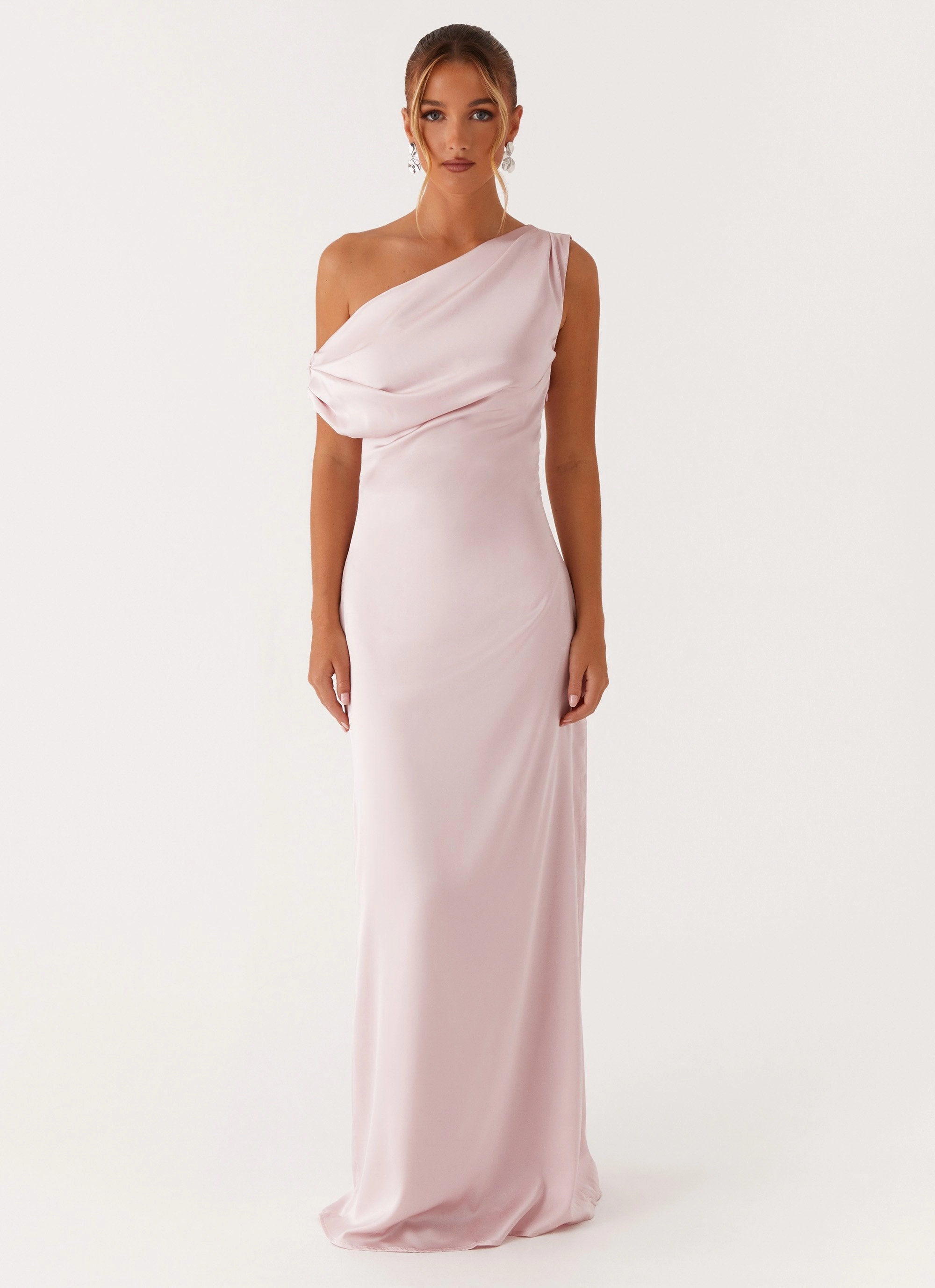 ElasticWaistband Polished Details Heart Of Glass Satin Maxi Dress - Pink