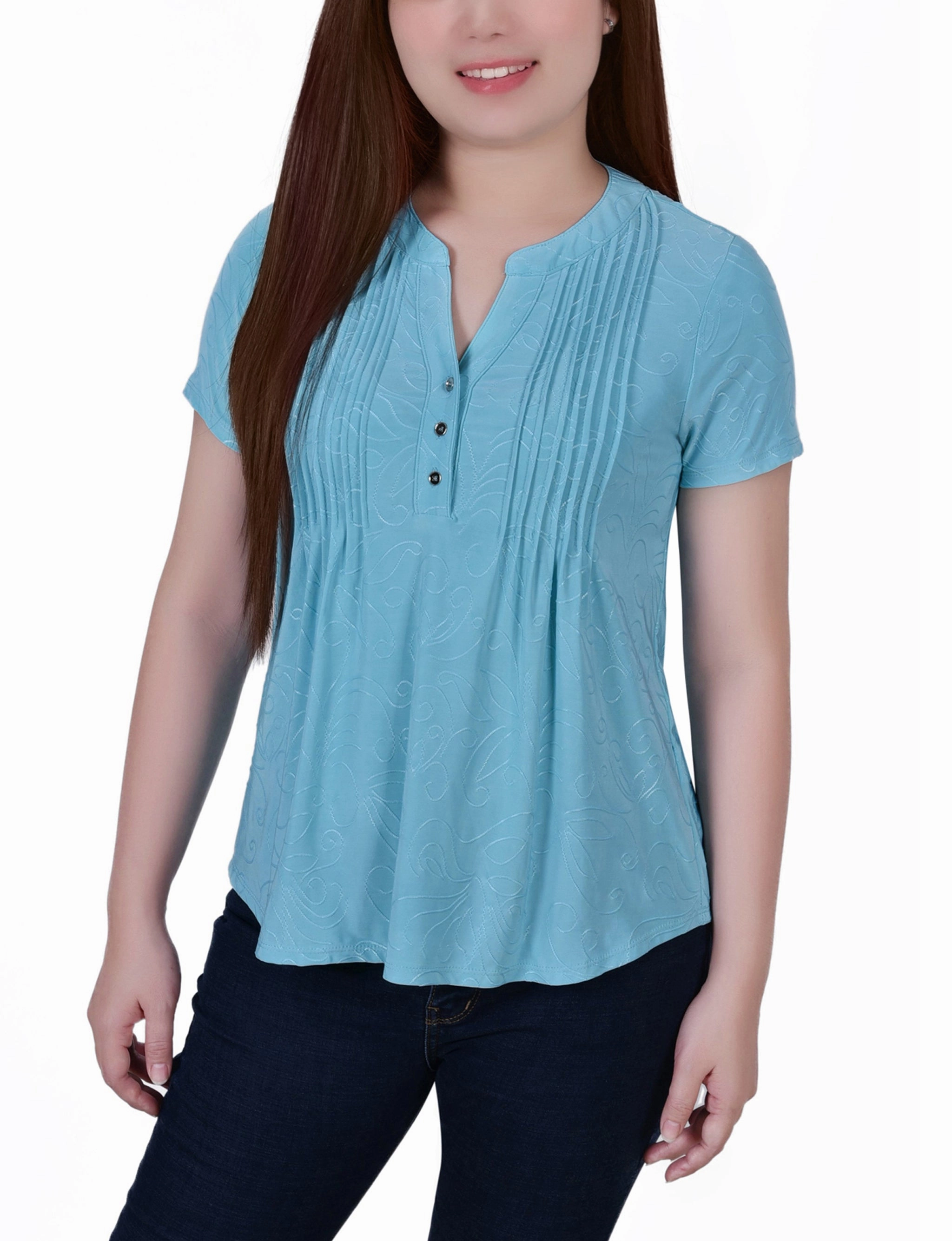 Petite Short Sleeve Y Neck Jacquard Knit Top Airflow channels