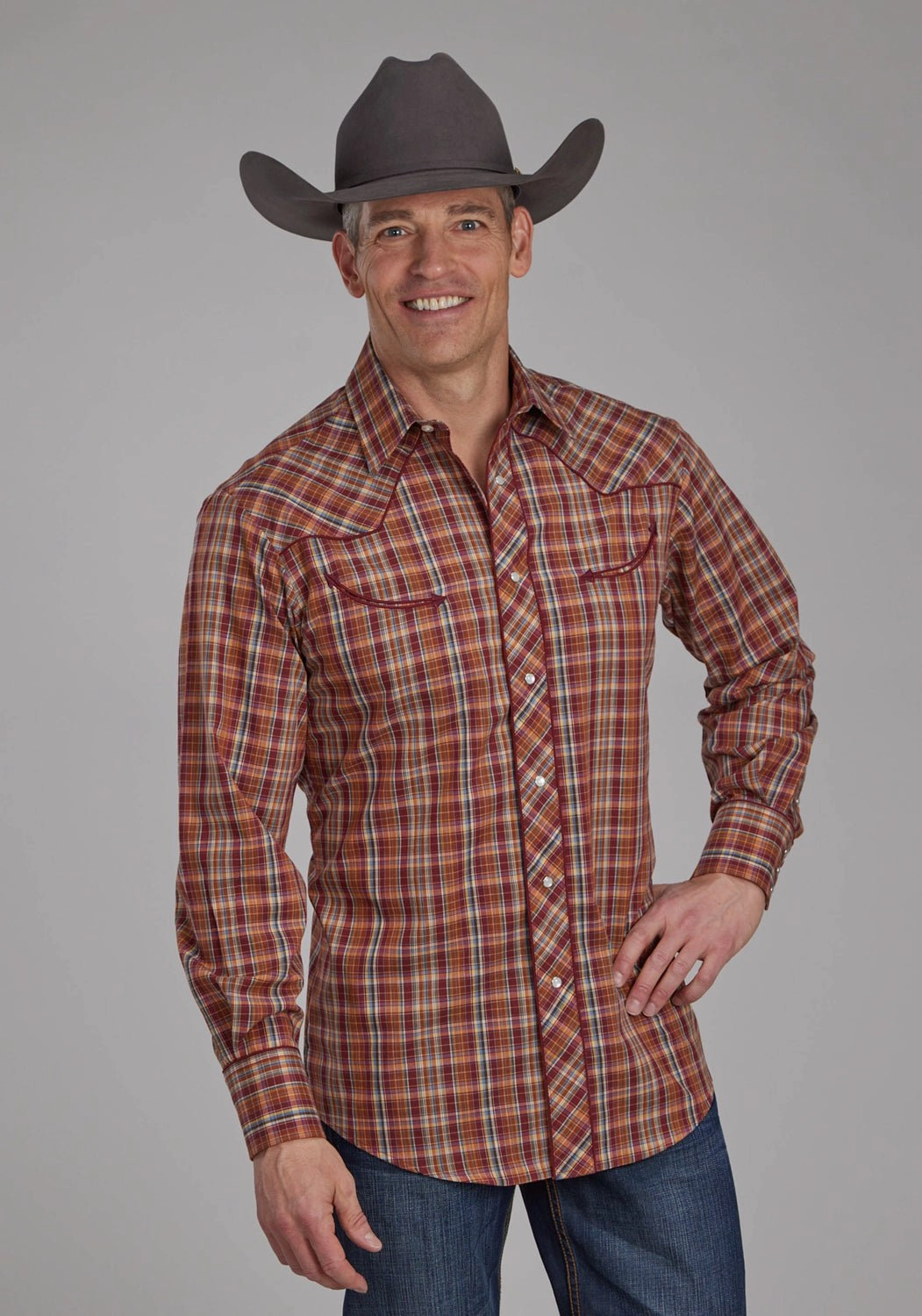 slim cut Mature appeal Roper Mens 2110 Plaid Wagon Wheel Wine/Rust Cotton Blend L/S Shirt