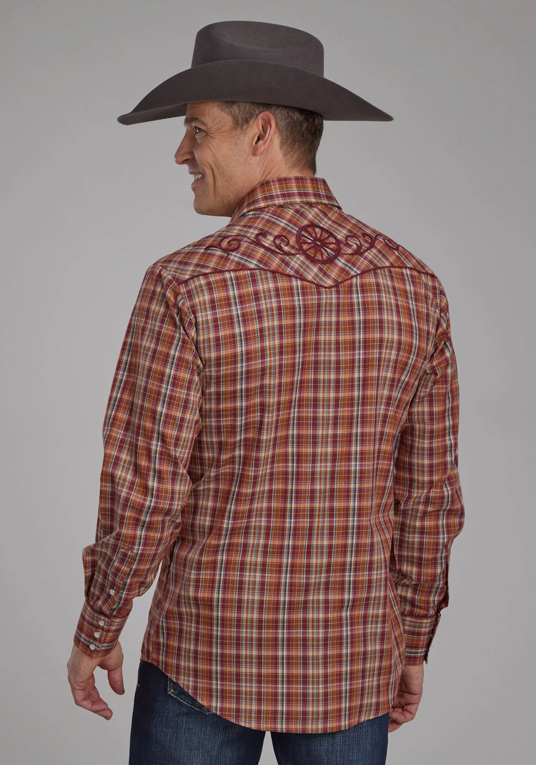 Customizable Option Roper Mens 2110 Plaid Wagon Wheel Wine/Rust Cotton Blend L/S Shirt