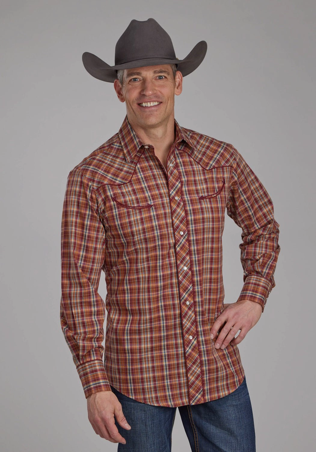 No Slip Shoulder Grips Non-Iron Roper Mens 2110 Plaid Wagon Wheel Wine/Rust Cotton Blend L/S Shirt