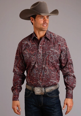 Stetson Mens Wine 100% Cotton Sandstone Paisley L/S 2 Pkt Shirt Anti Pilling Treatment Lightweight texture