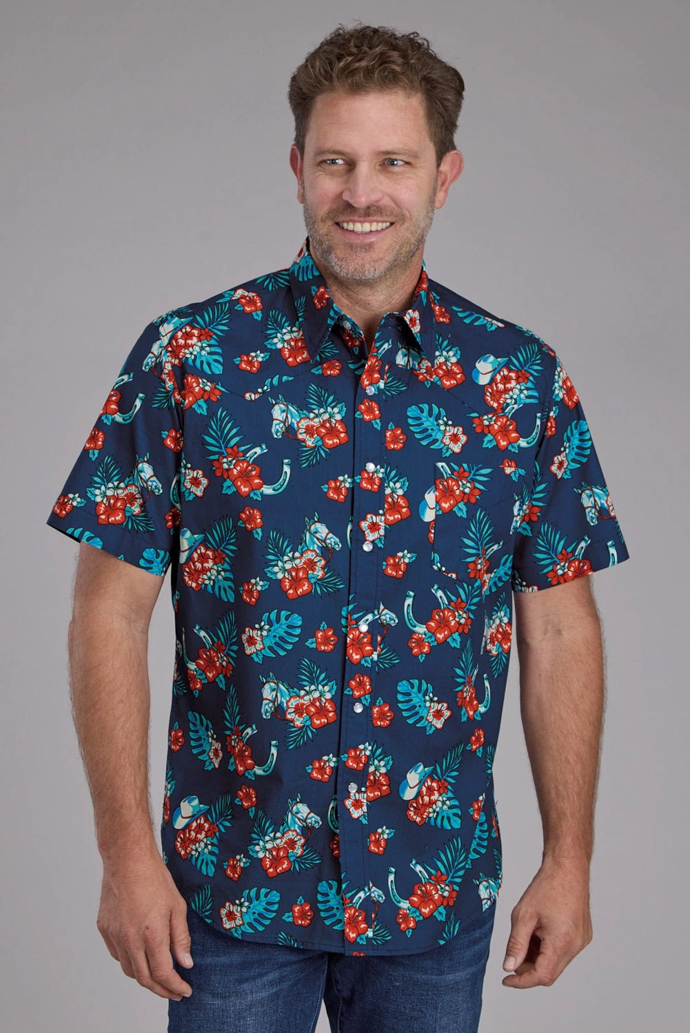 Snag Resistant Fabric Stretchy Cloth Roper Mens Hawaiian Print Blue 100% Cotton S/S Shirt