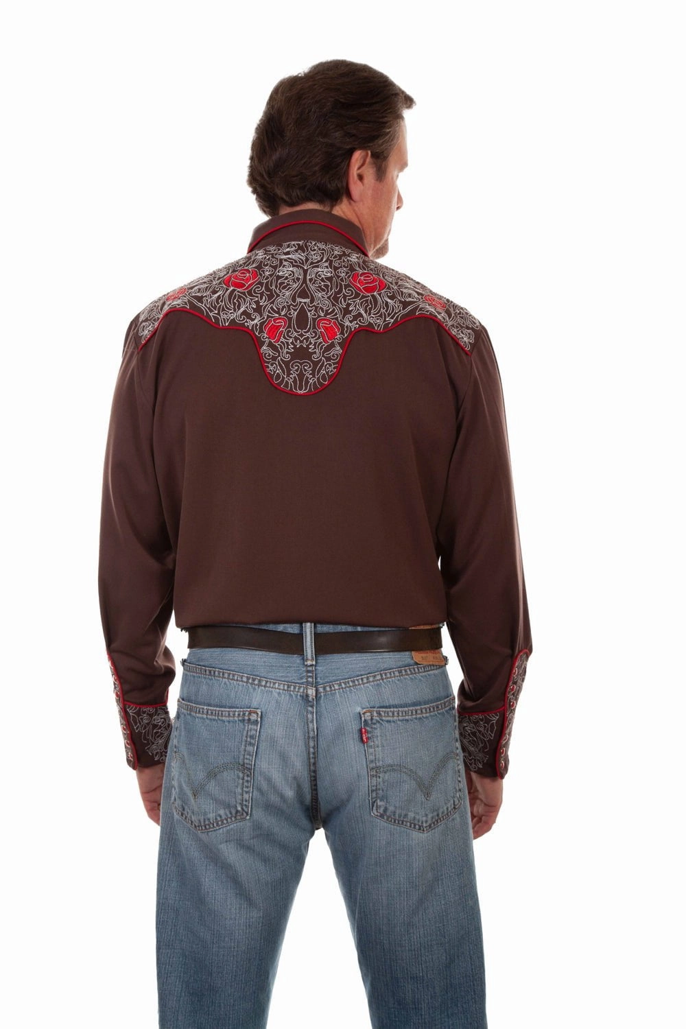 Wrinkle-Free Scully Mens Mesmerising Red Roses Chocolate Poly/Rayon L/S Shirt
