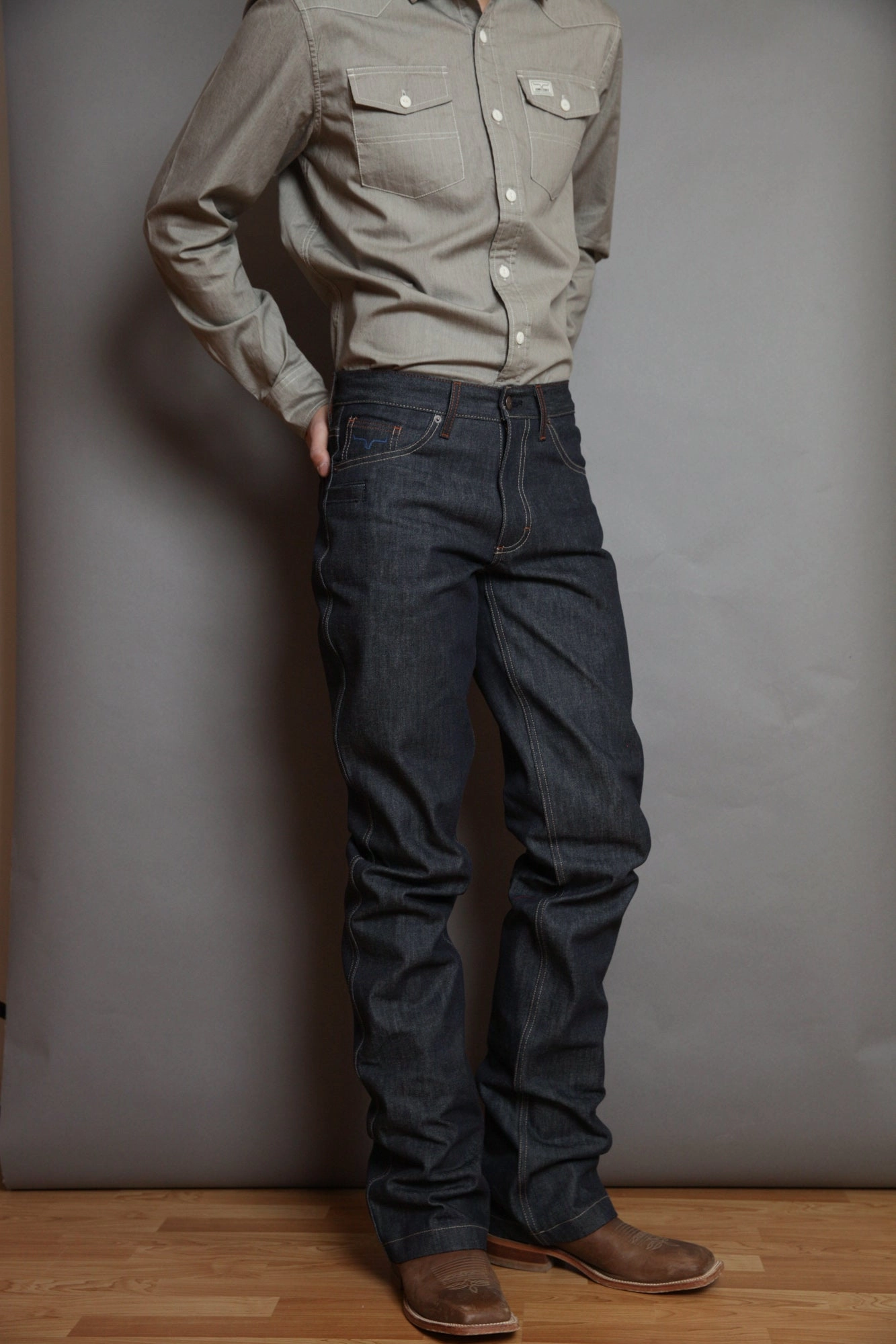 Relaxed Style Crosshatch Stitching Kimes Ranch Mens Dillon Raw Jeans Blue 100% Cotton Wide Bootcut